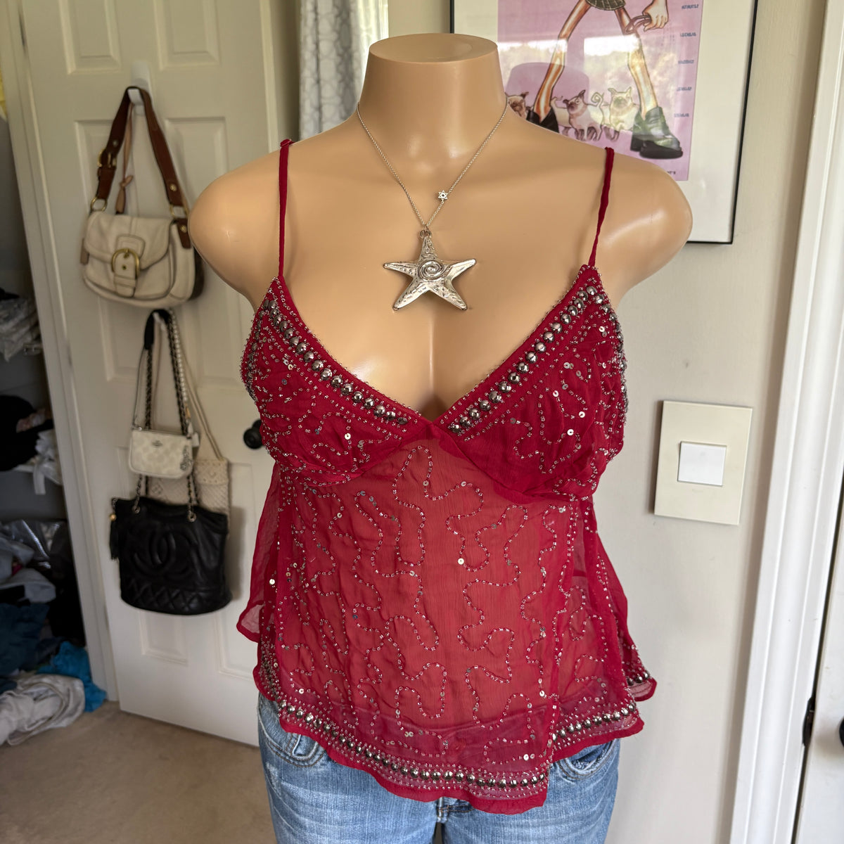 00s red beaded v neck cami (size S)