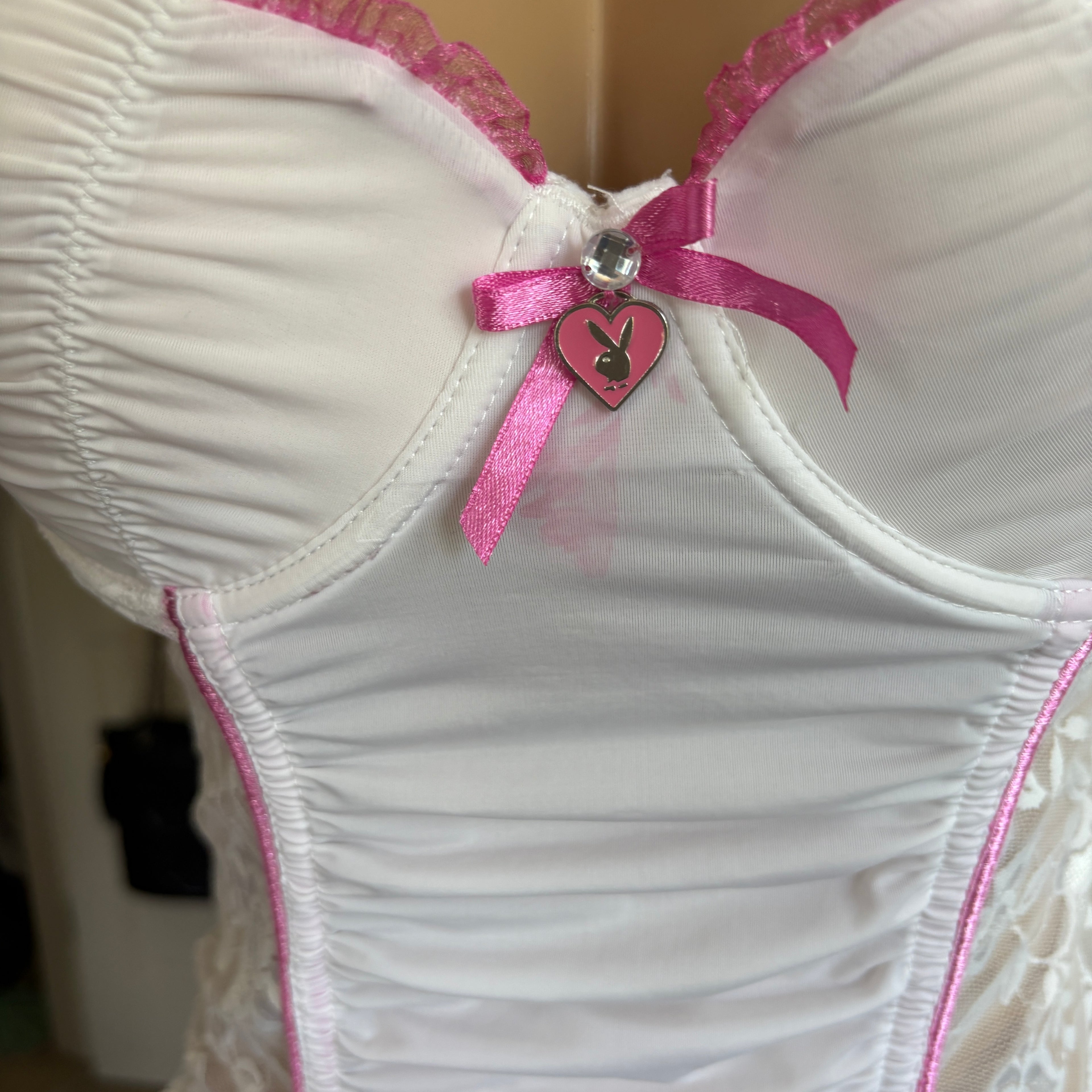 00s Playboy white and pink lace bustier top (size M)
