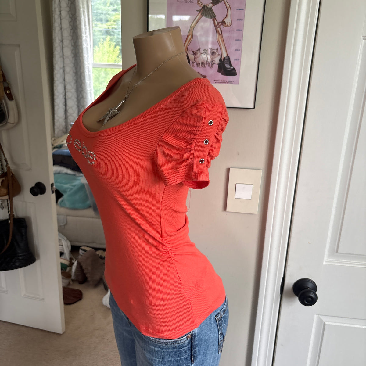 00s Bebe coral bling spellout top (size M)