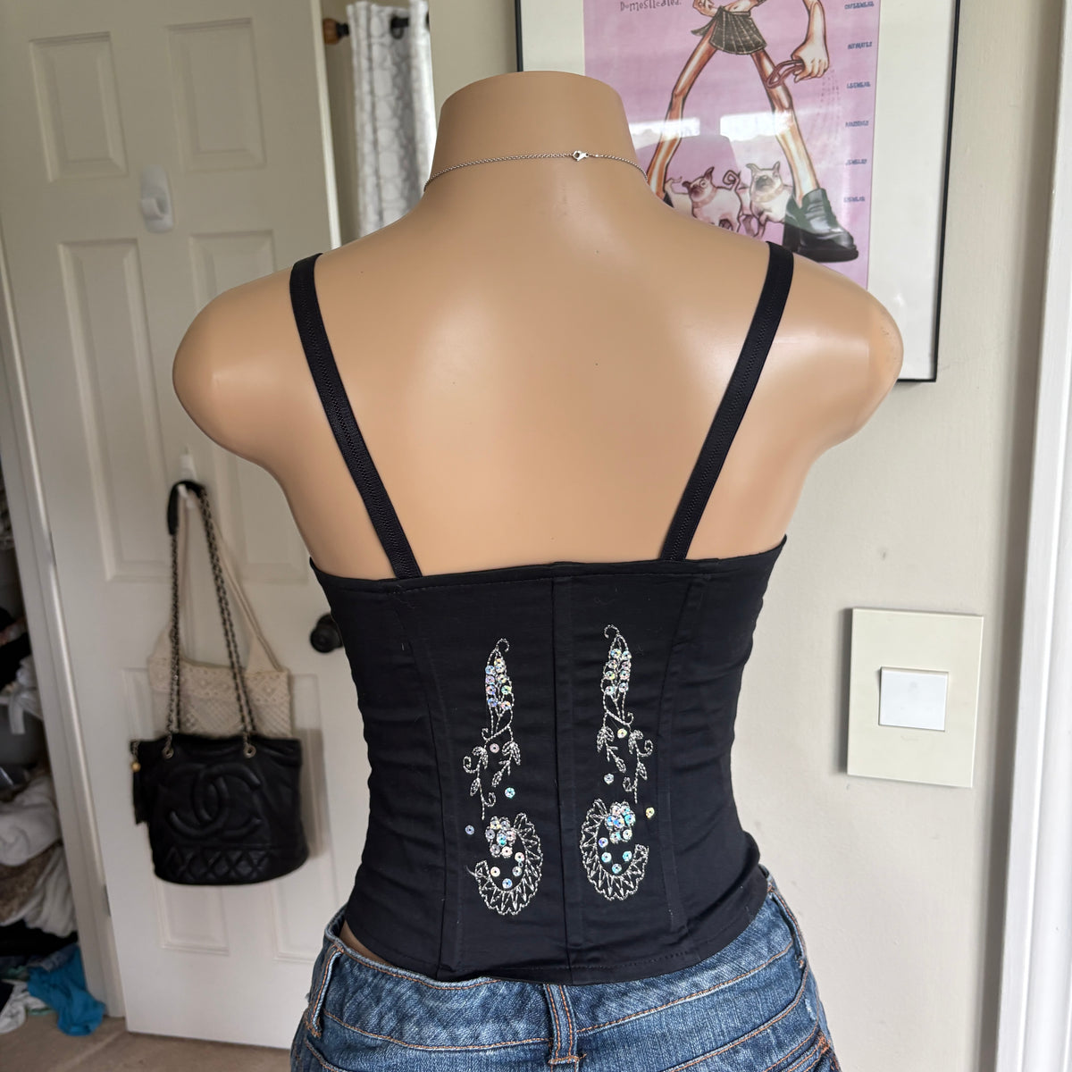 00s black paisley sequin corset tank top (size S)