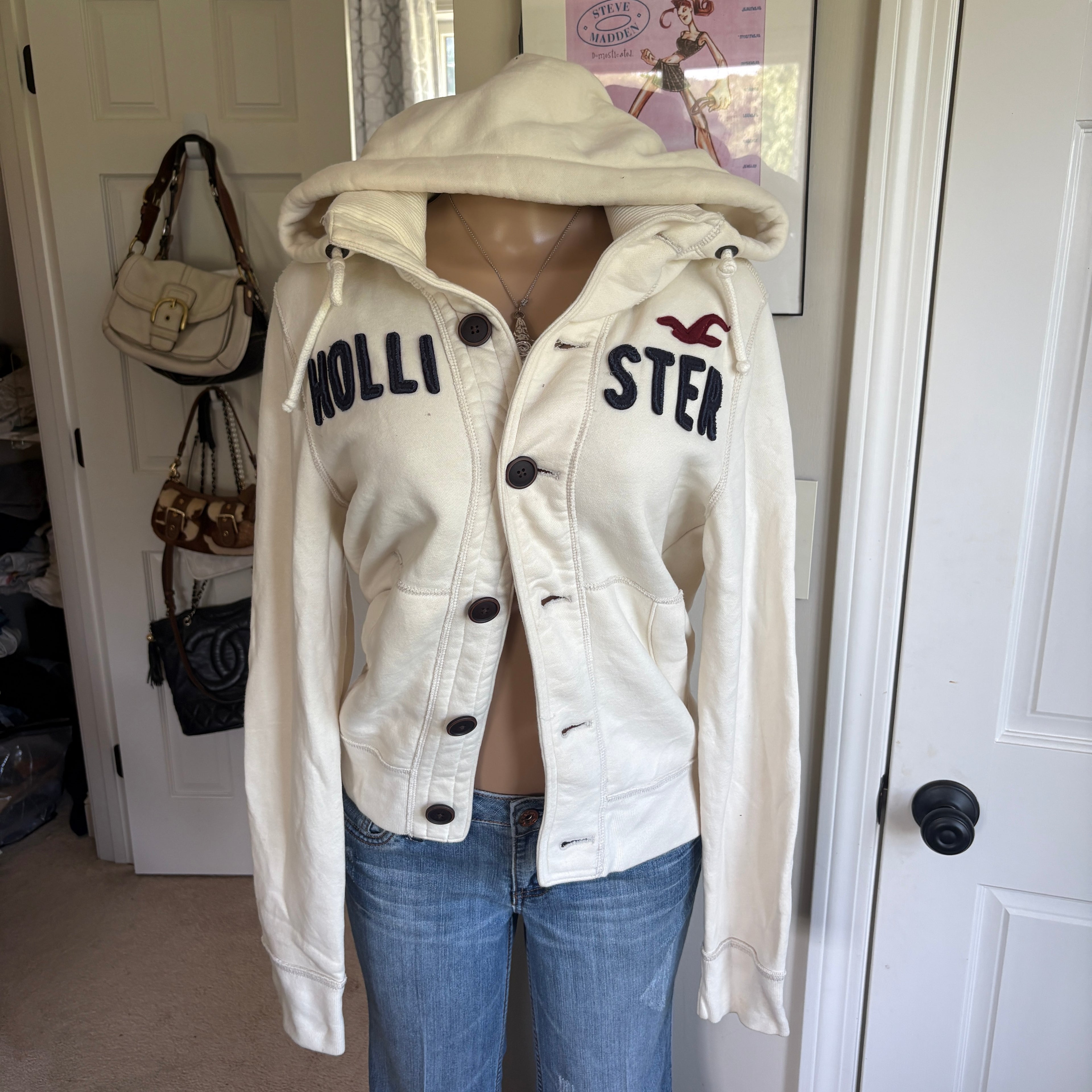 00s Hollister spellout white button up hoodie (size S)