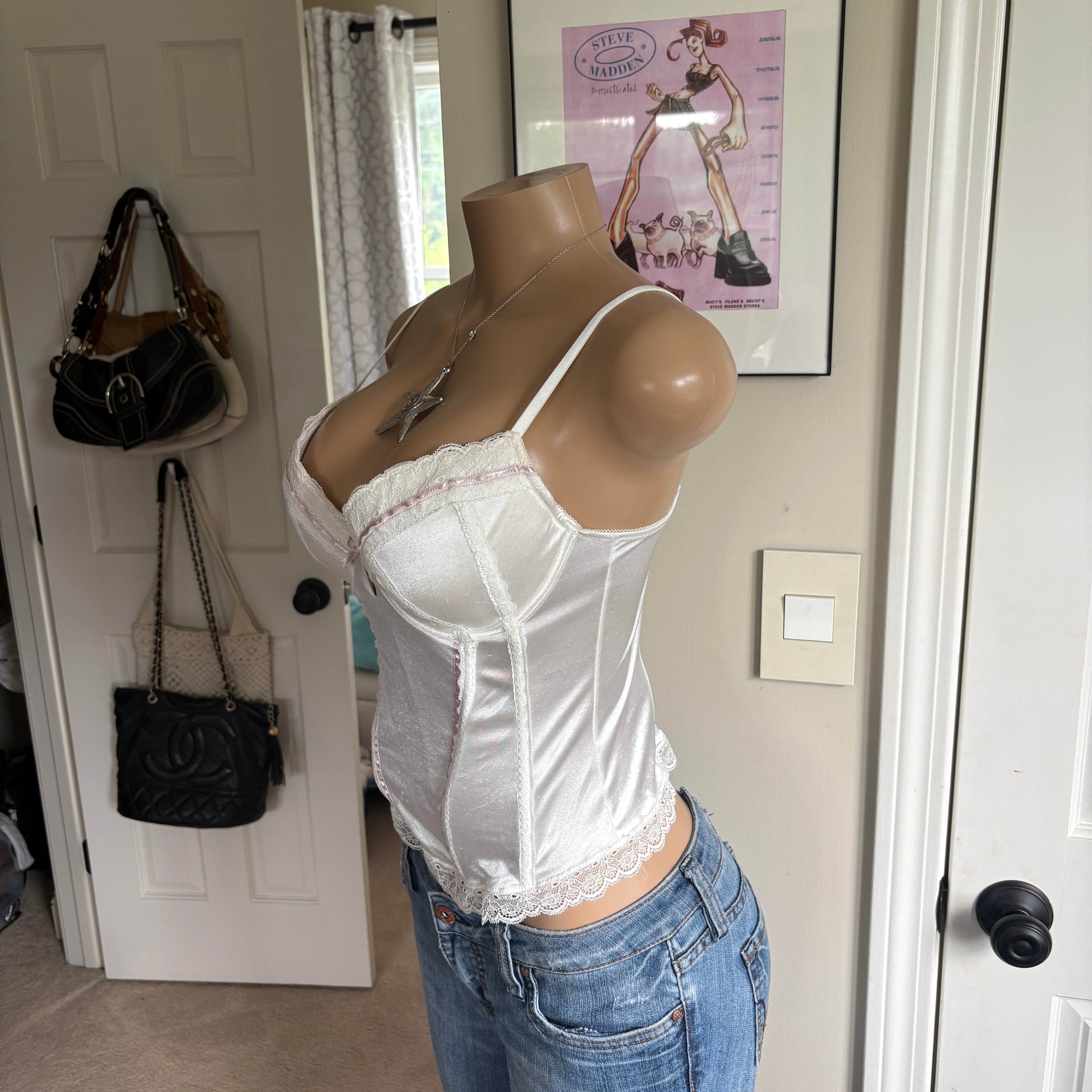 00s bow white & pink bow bustier corset top (size L)
