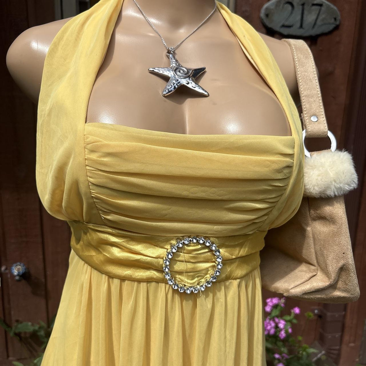 Y2K 2000s Yellow Rhinestone Buckle Halter tie back Dress
