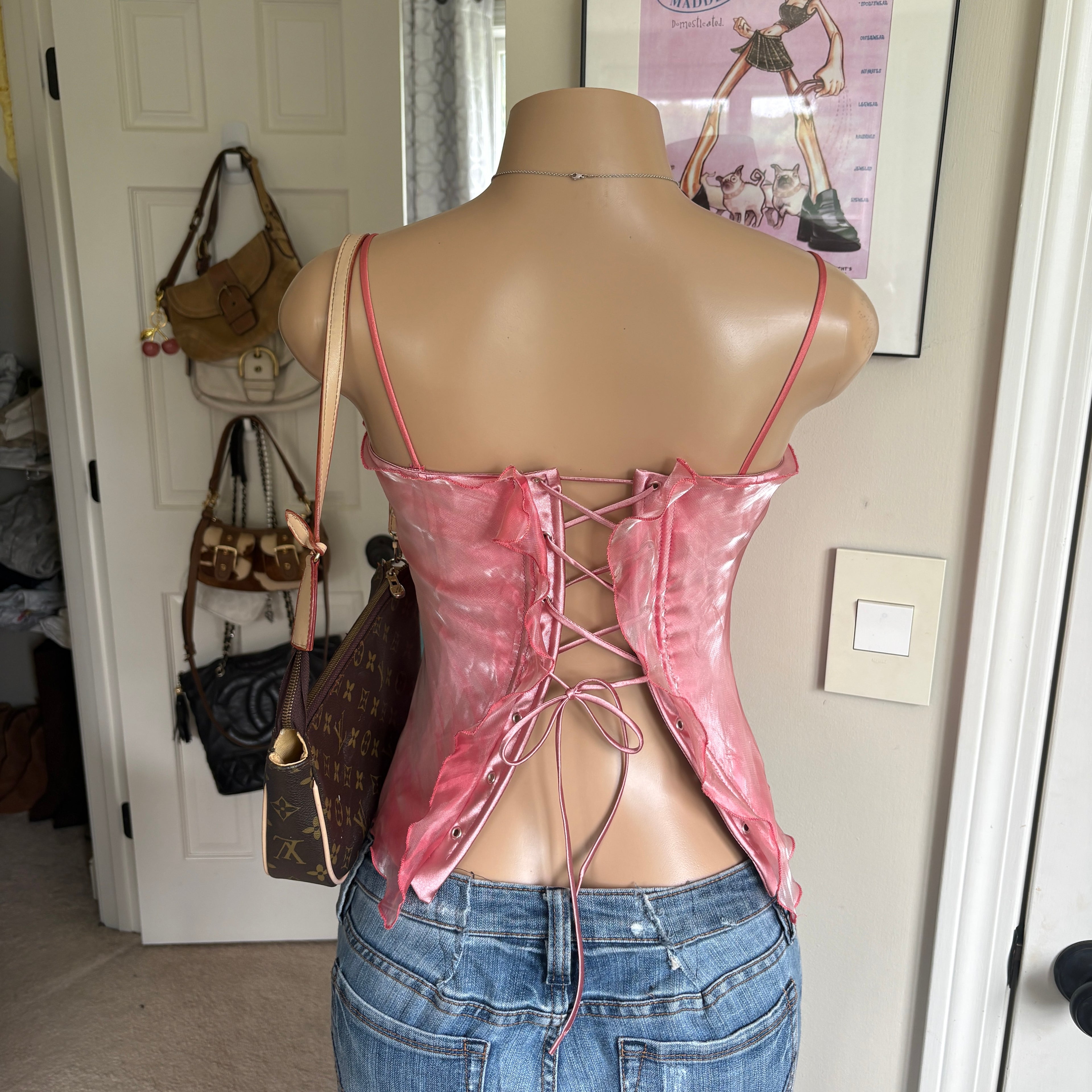 00s pink satin corset lace back cami (size S/M)