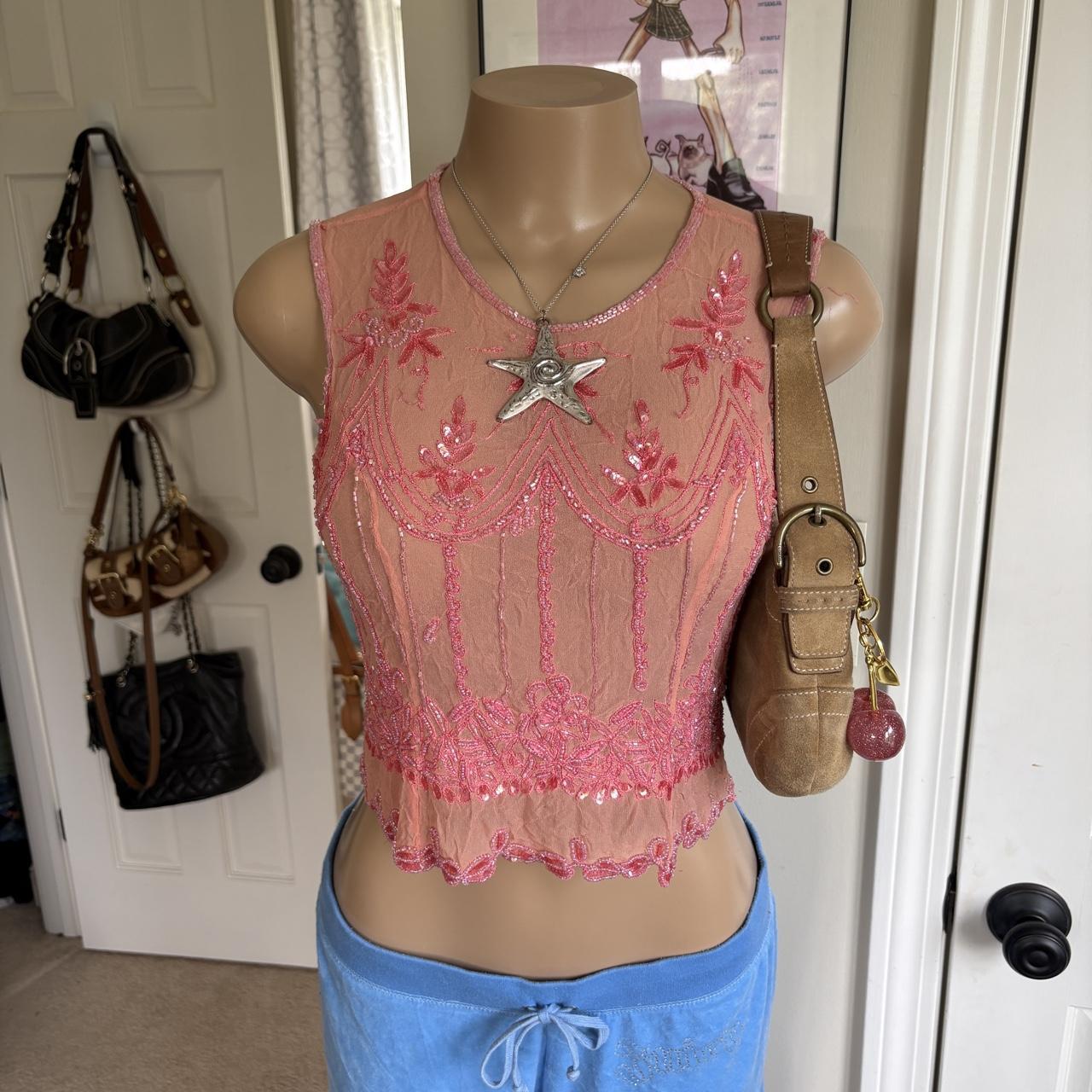 y2k 2000s silk pink beaded sequin mesh tank top