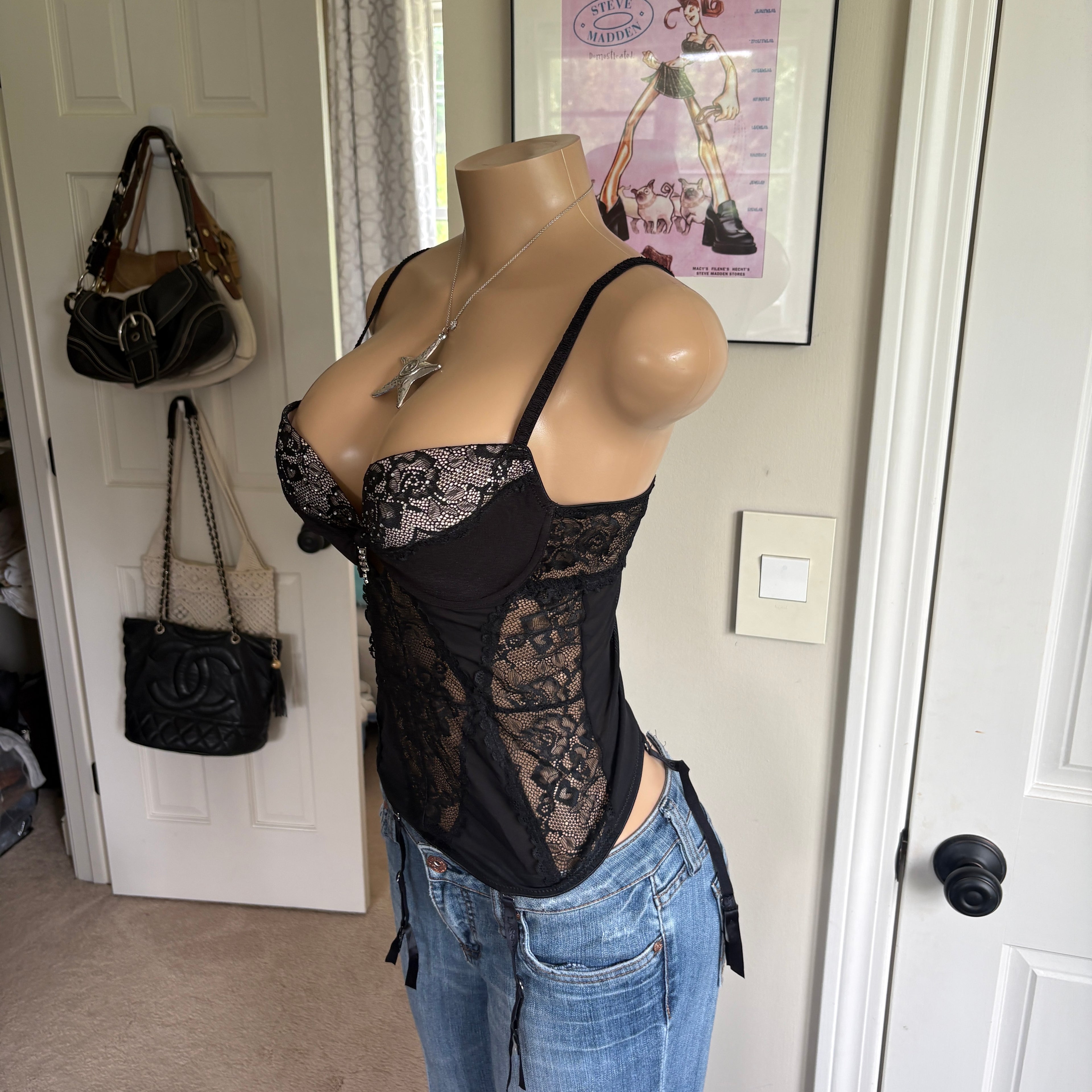 00s black floral lace bustier push up corset top (size 36C)