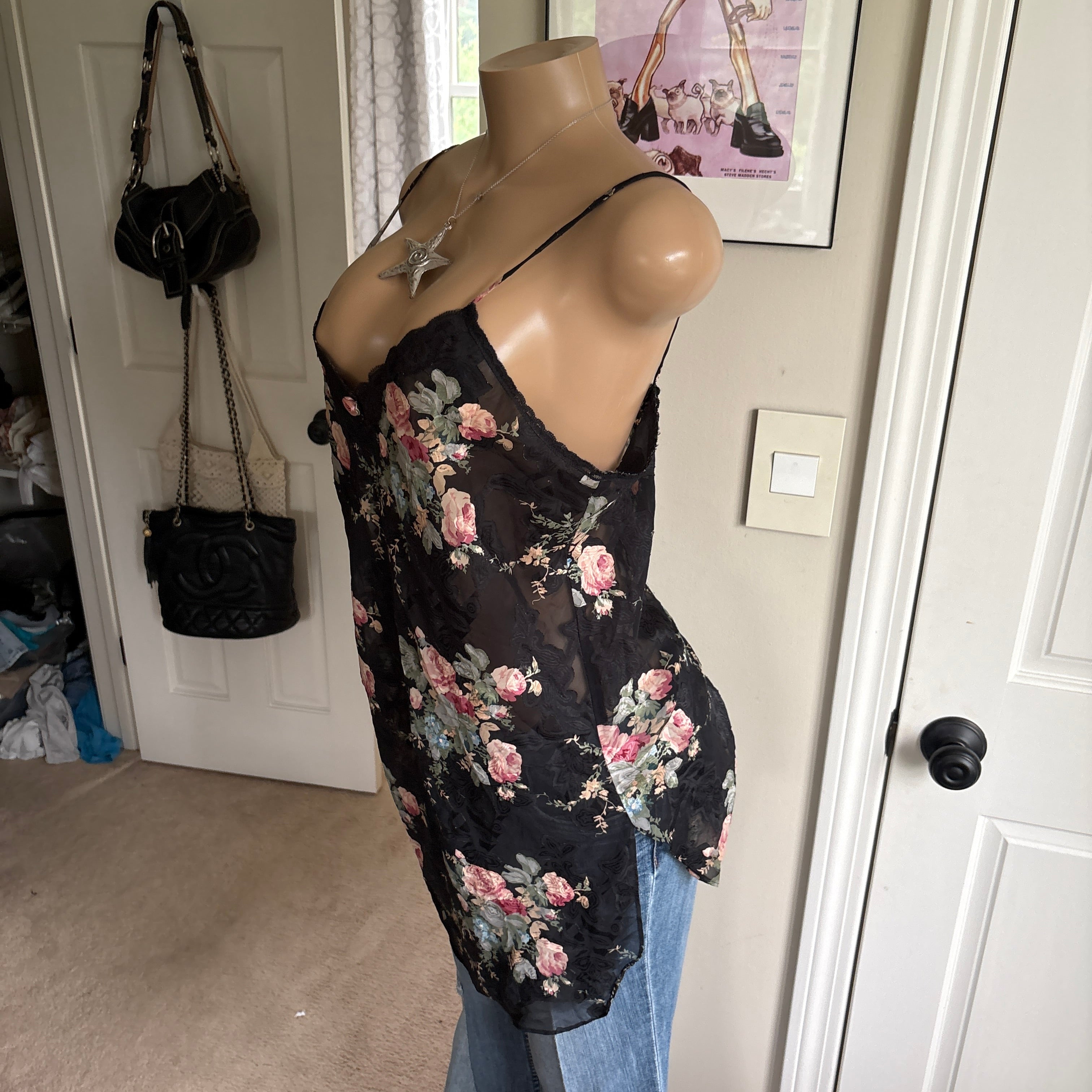 00s Linea Donatella black floral slip cami (size L)