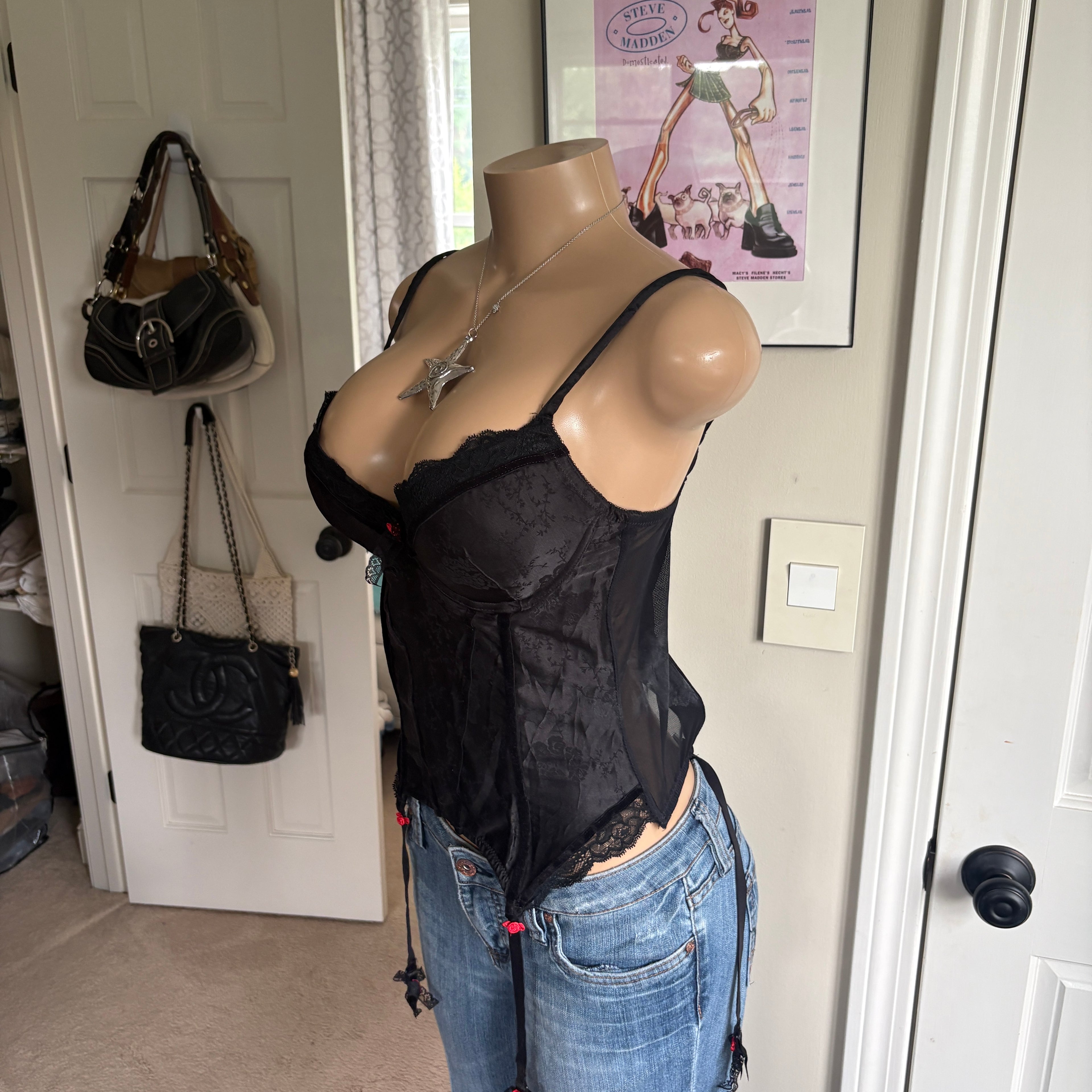00s black floral rosette corset bustier top (size 36B)