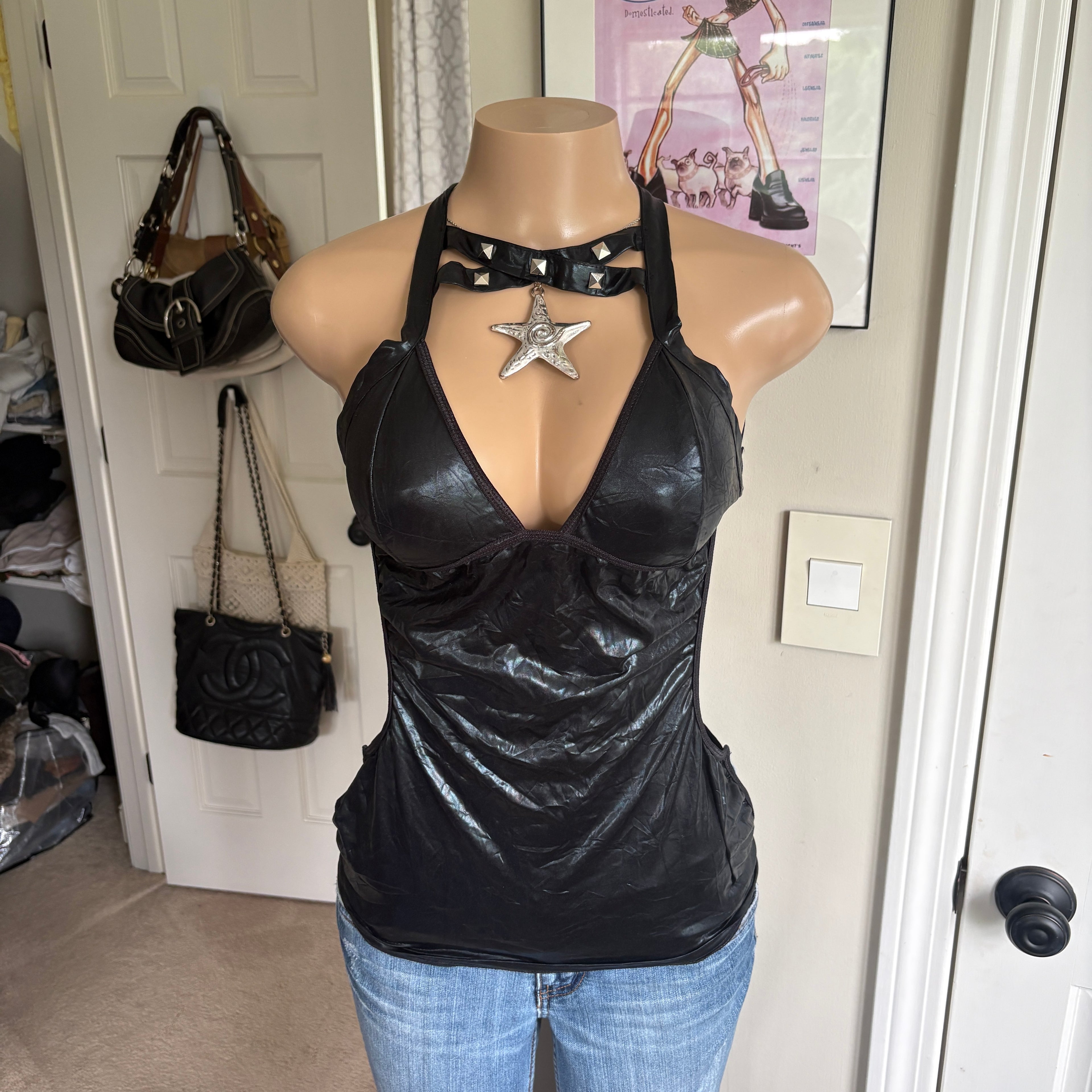 00s studded black latex open back top (size M)