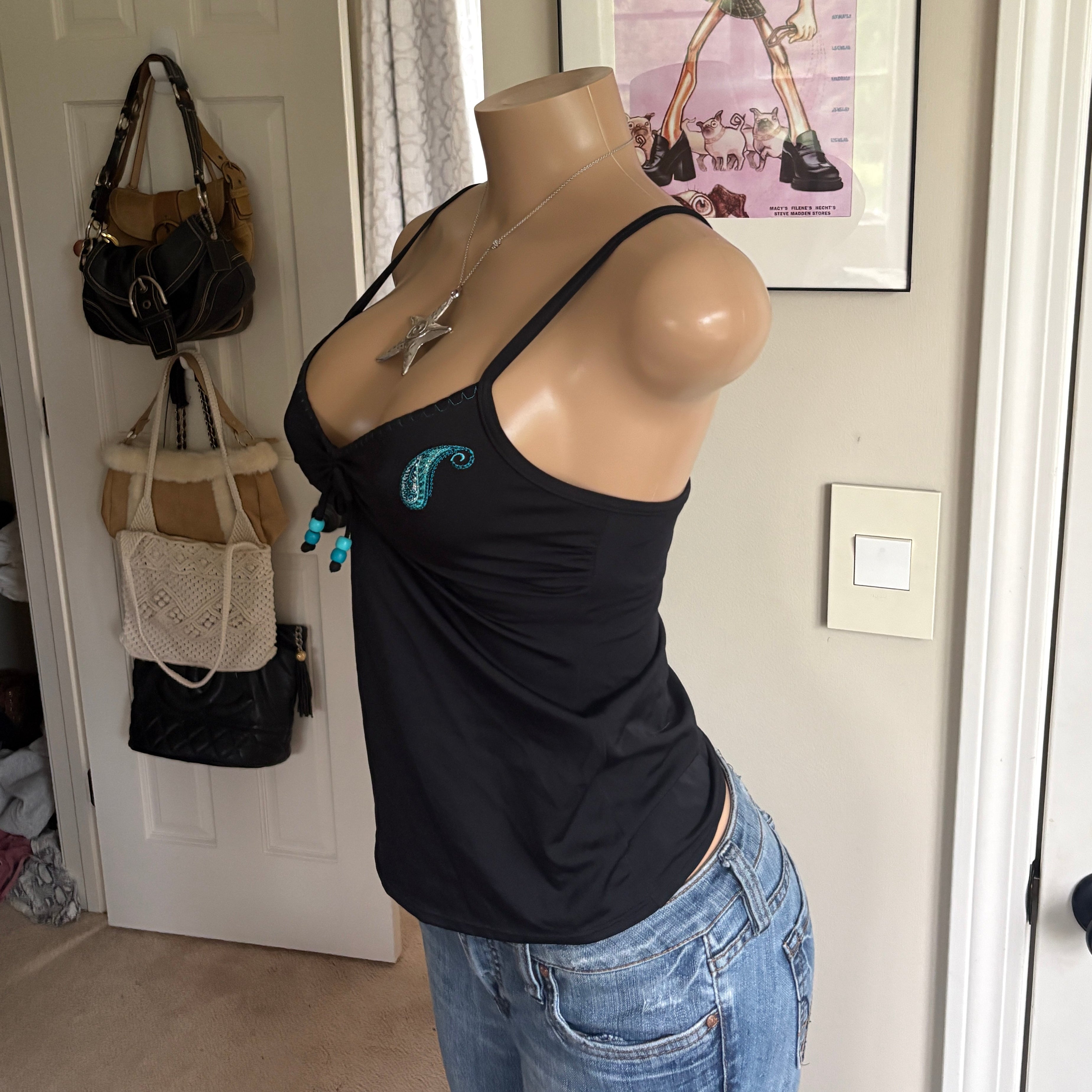 00s black & blue paisley bow cami (size M)
