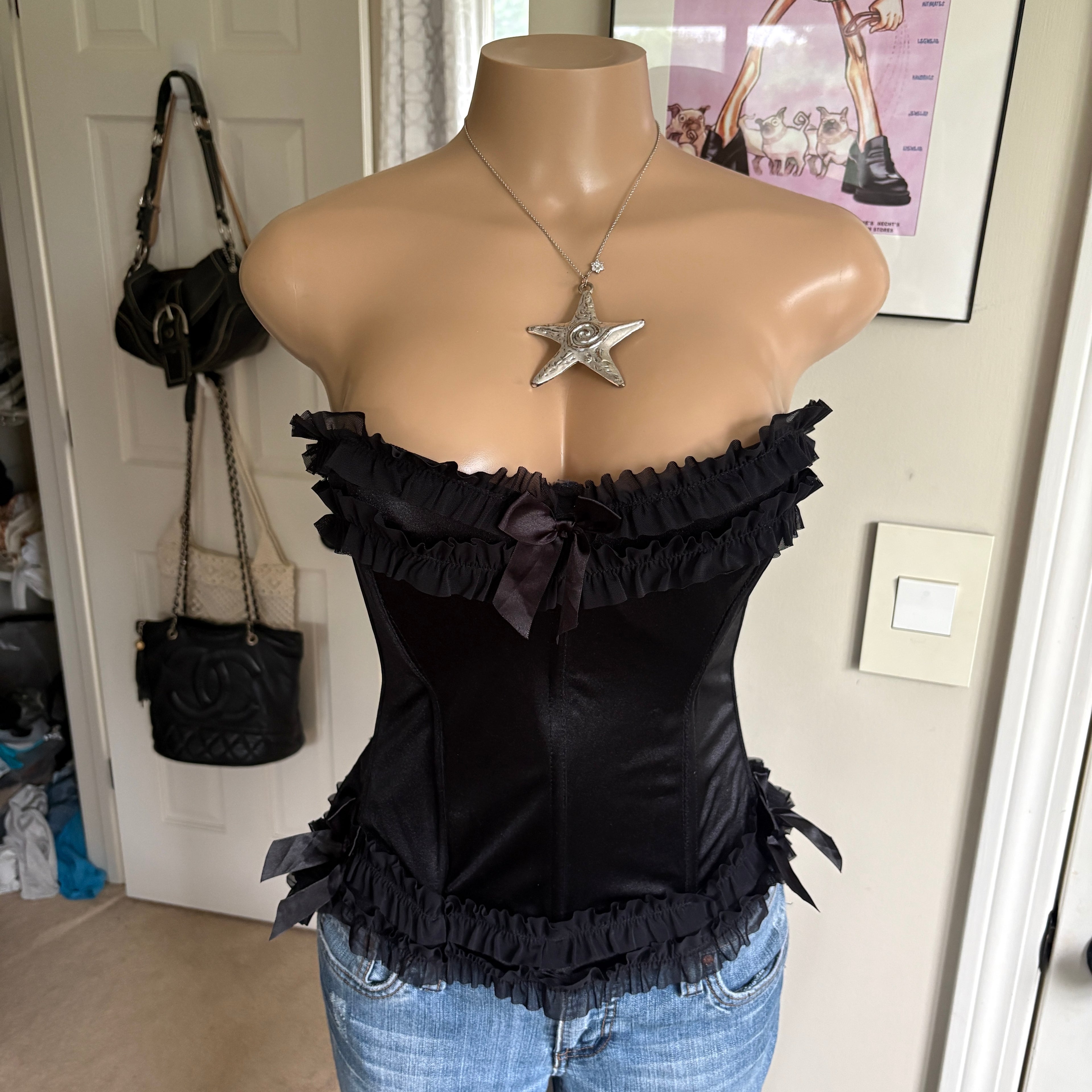 00s black strapless corset bustier top (size L)