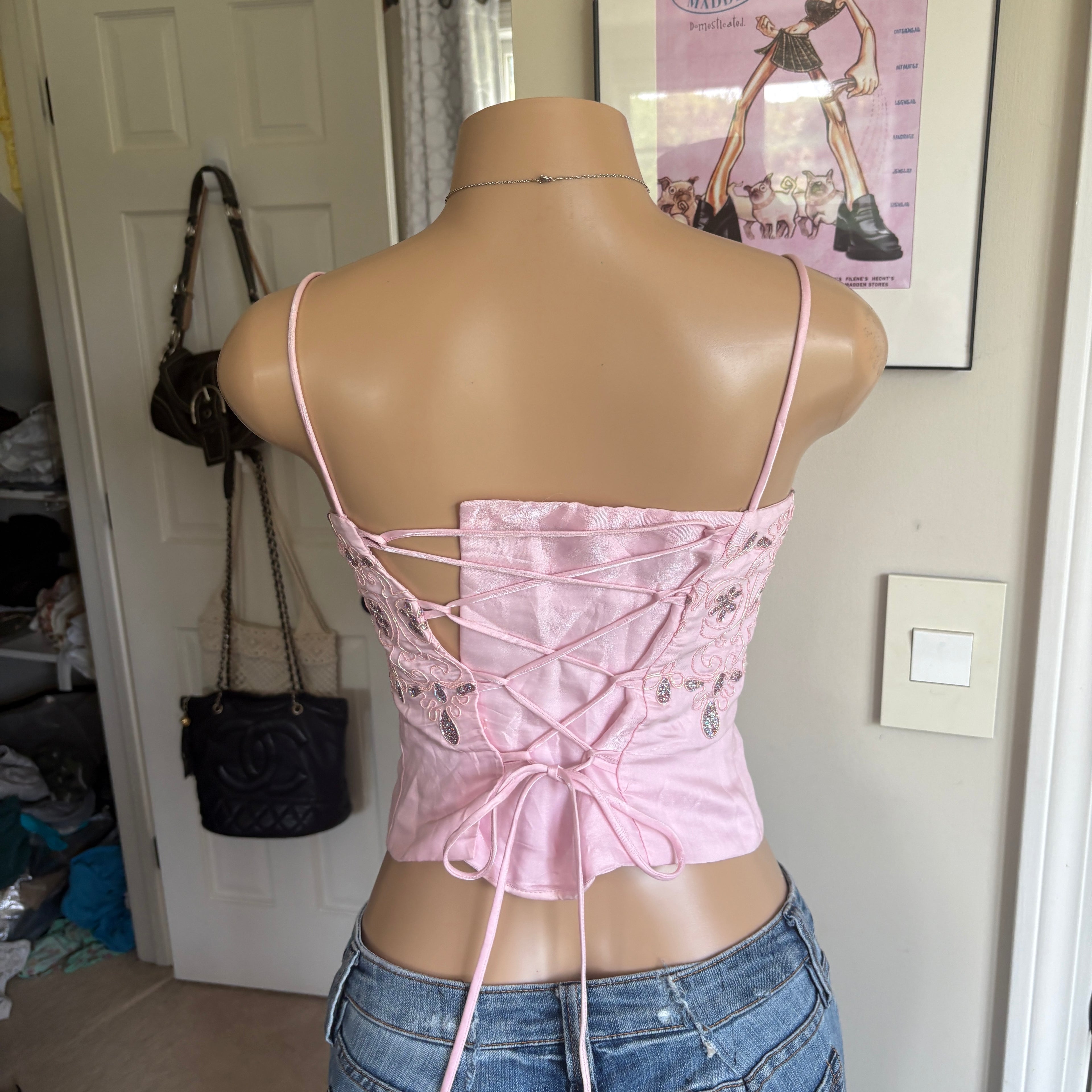 00s pink floral beaded corset cami top (size S)