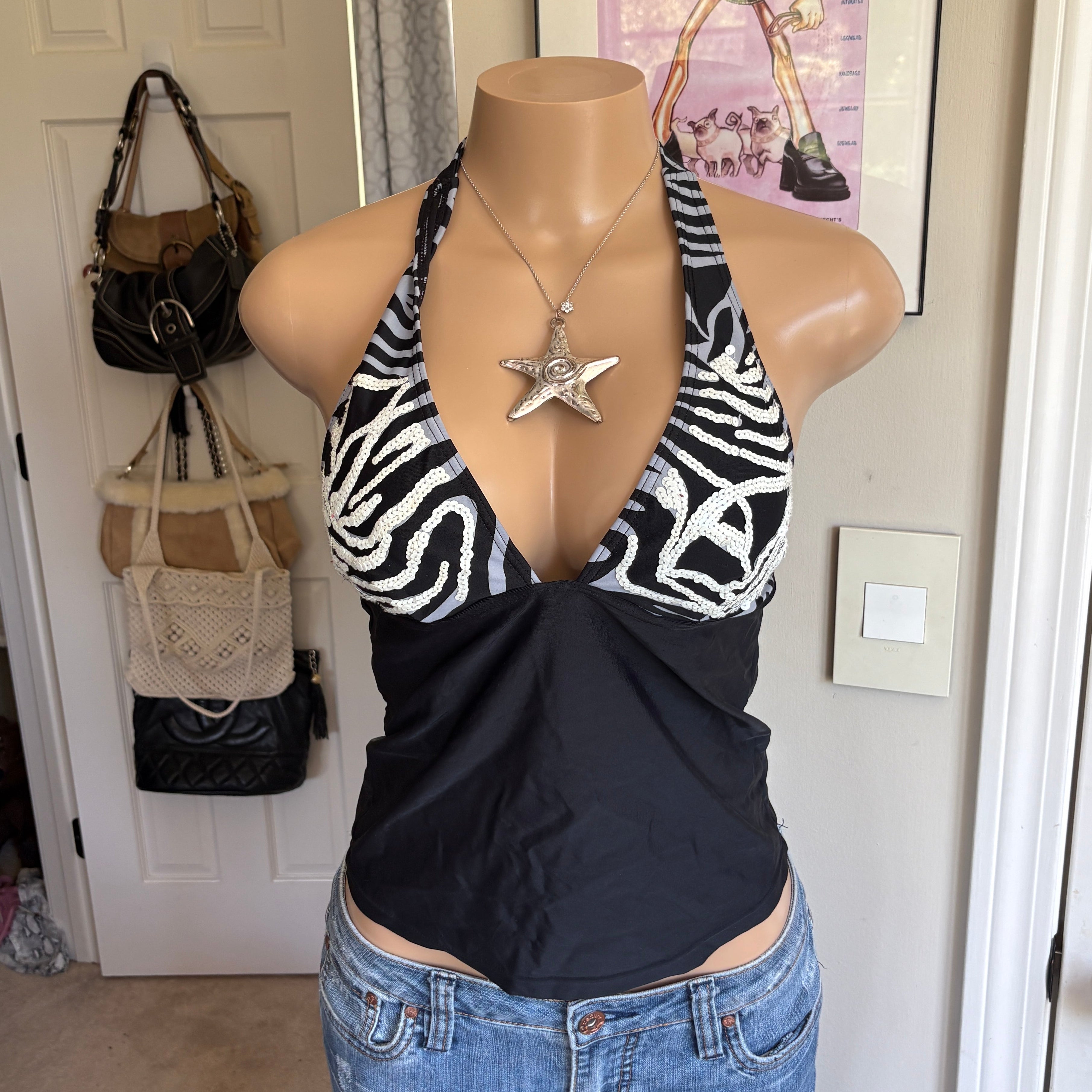 00s zebra v neck halter top (size (Copy) (Copy) (Copy) (Copy 3)