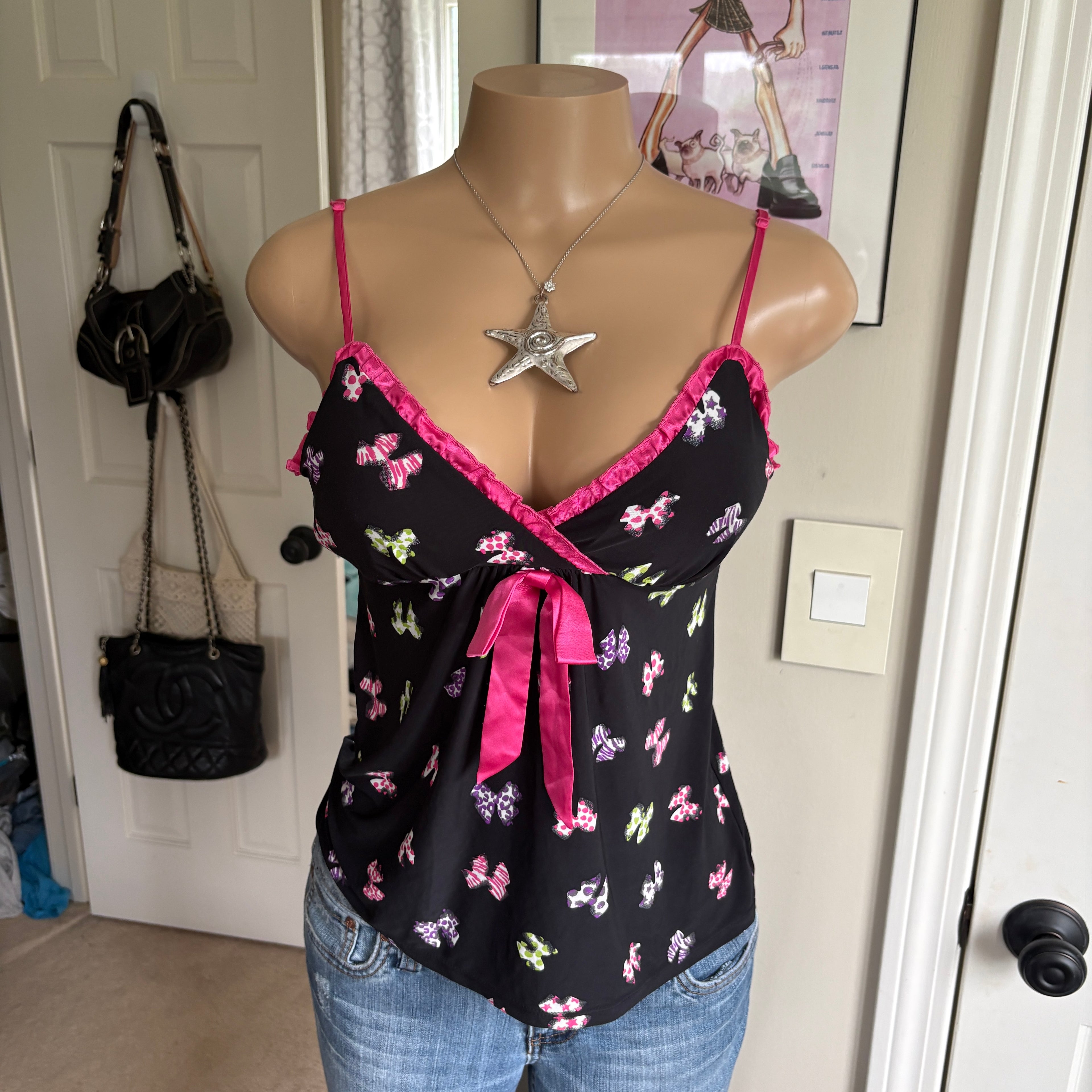 00s pink & black bow monogram cami (size S)
