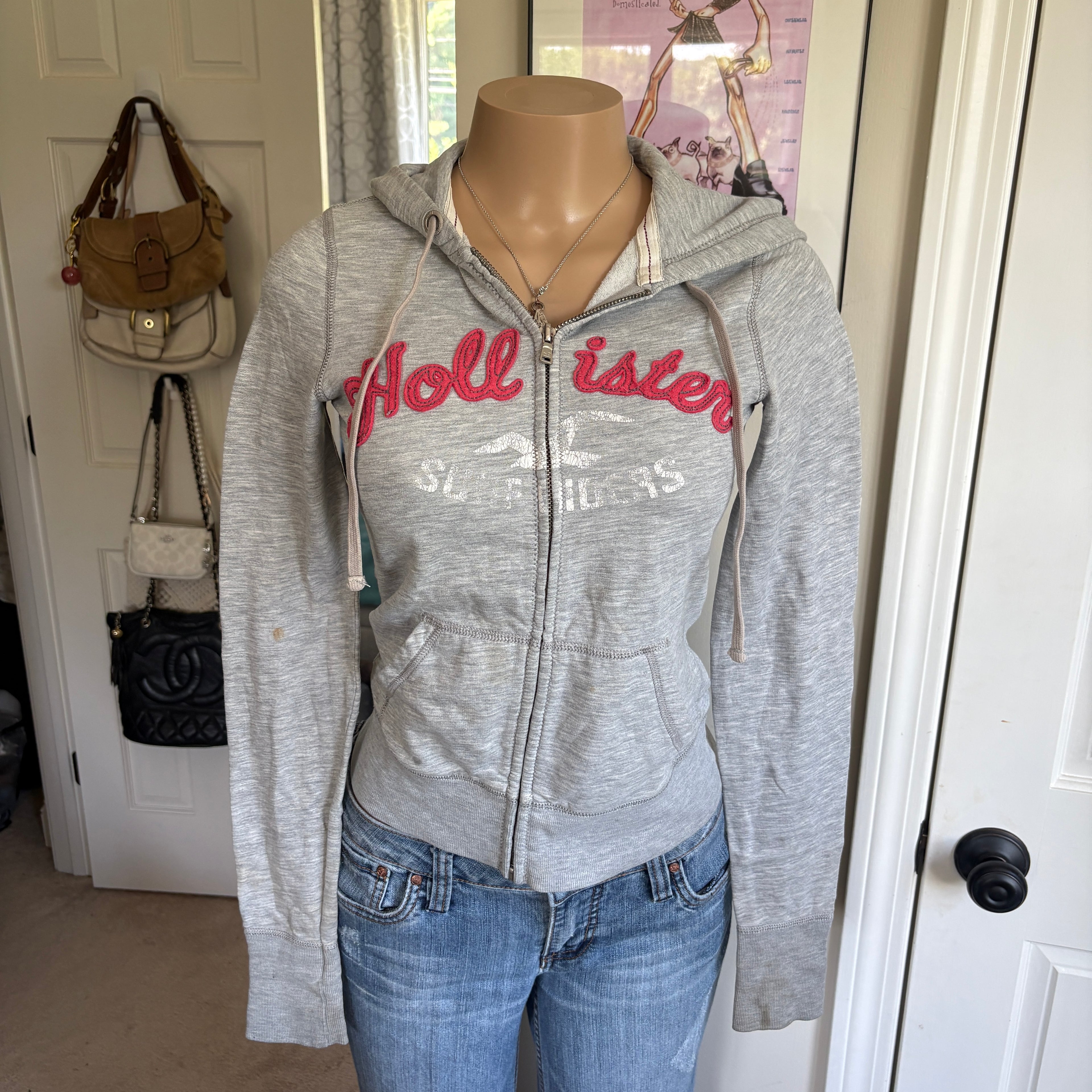 00s Hollister gray spellout zip hoodie (size M)