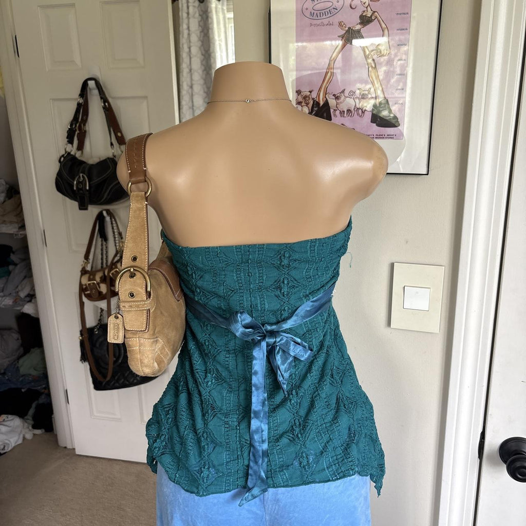 y2k 2000s Charlotte Russe teal lace sequin strapless tie back top