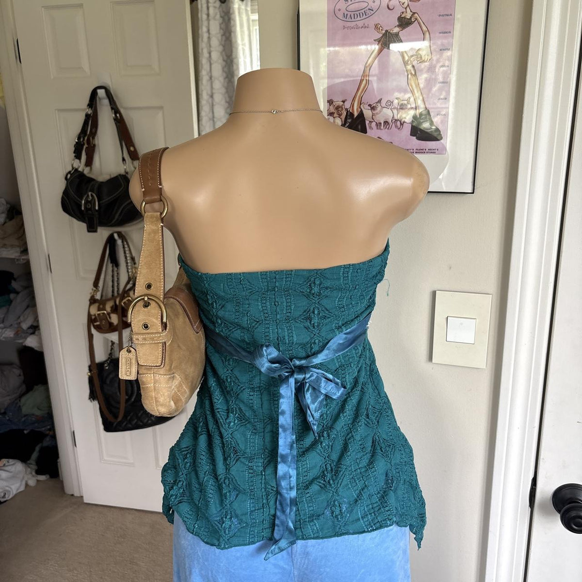 y2k 2000s Charlotte Russe teal lace sequin strapless tie back top