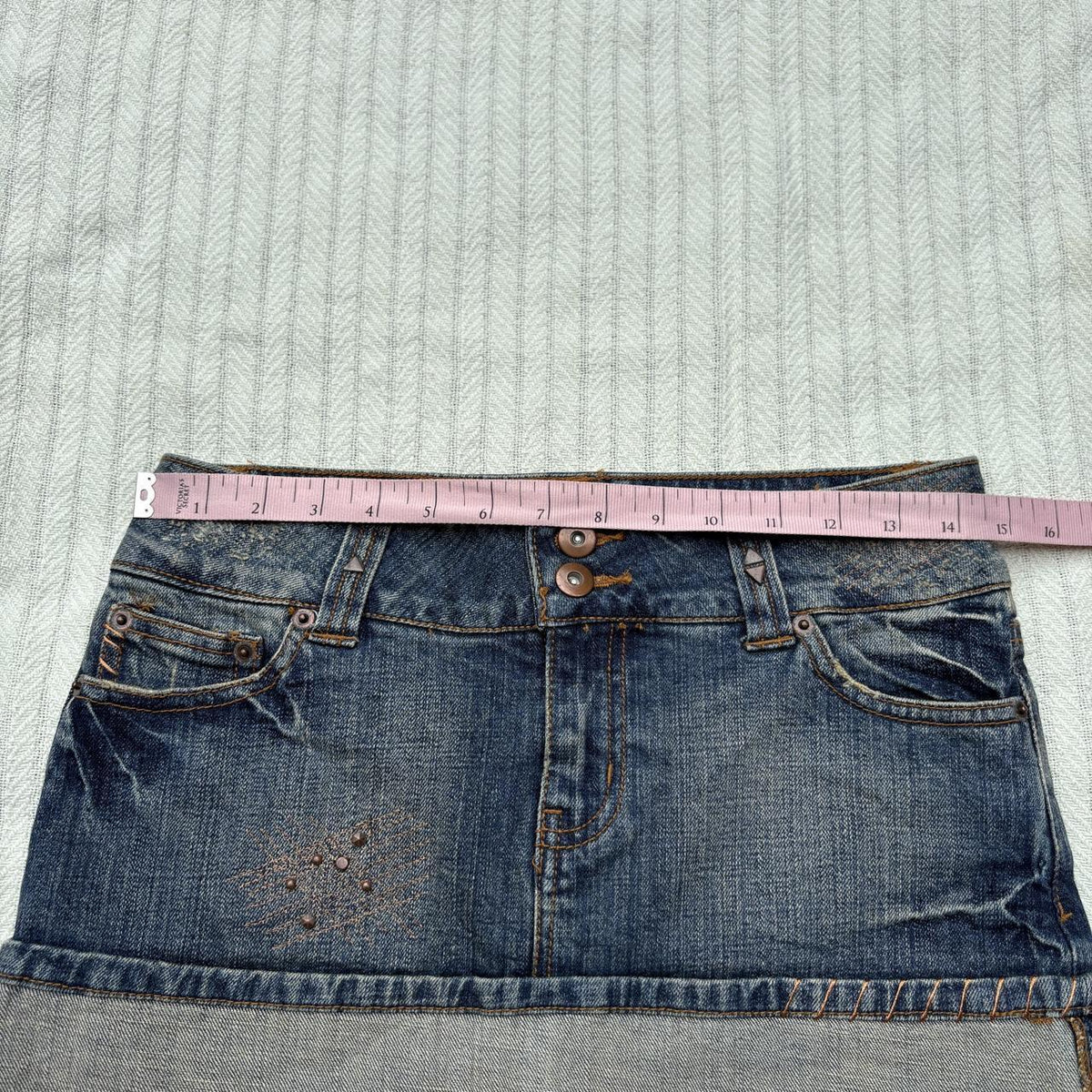 y2k 2000s embroidered pocket cuffed denim micro mini skirt