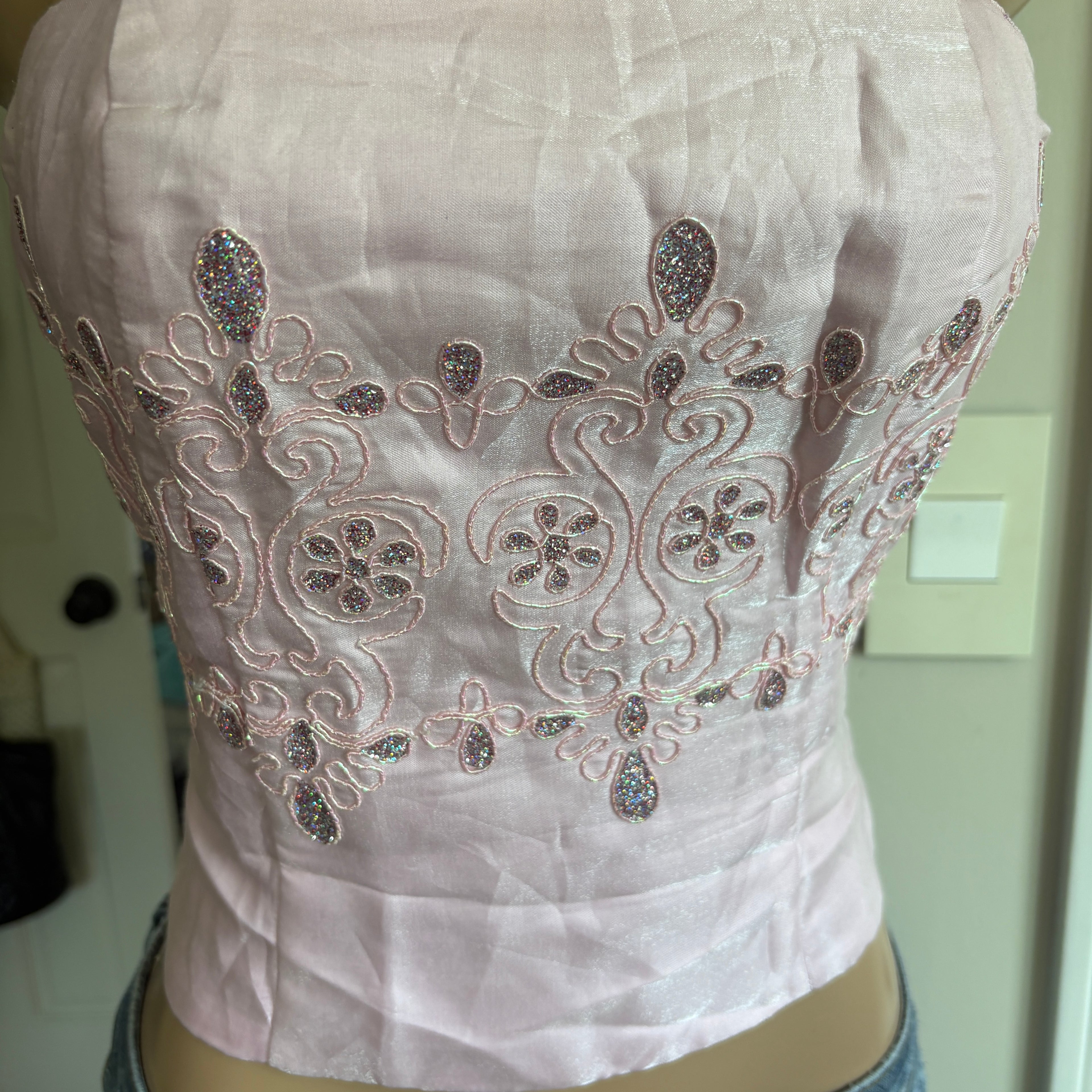 00s pink floral beaded corset cami top (size S)