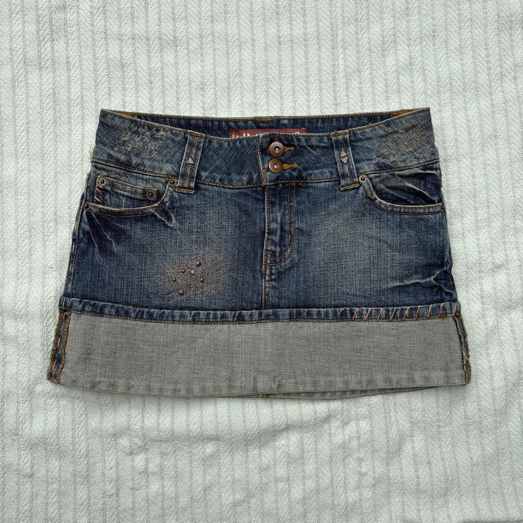 y2k 2000s embroidered pocket cuffed denim micro mini skirt