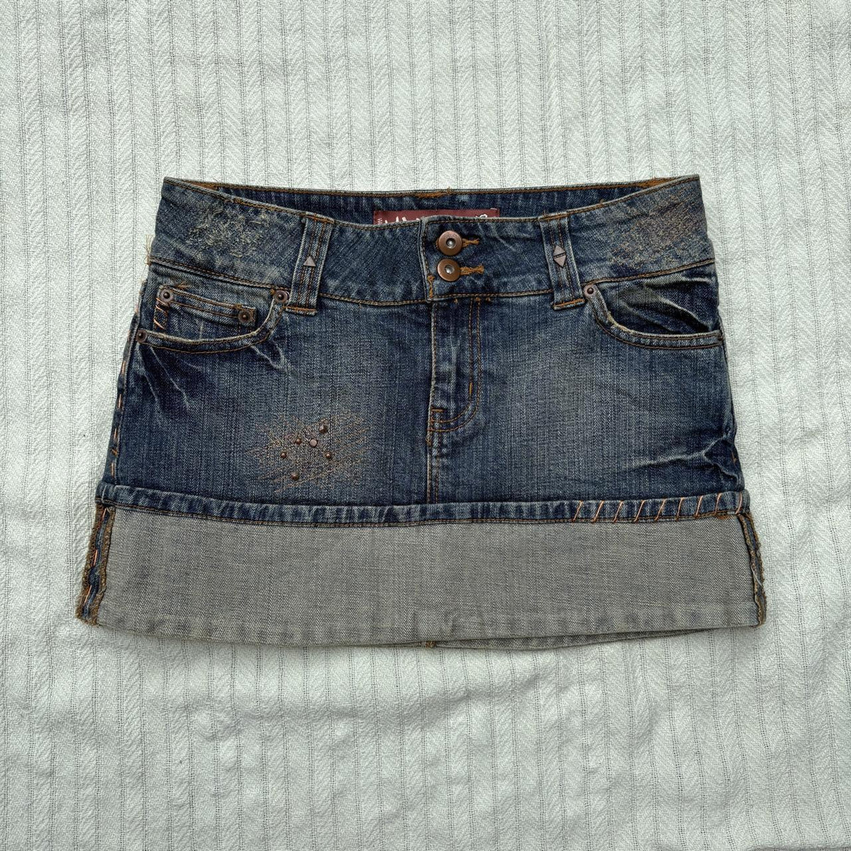 y2k 2000s embroidered pocket cuffed denim micro mini skirt