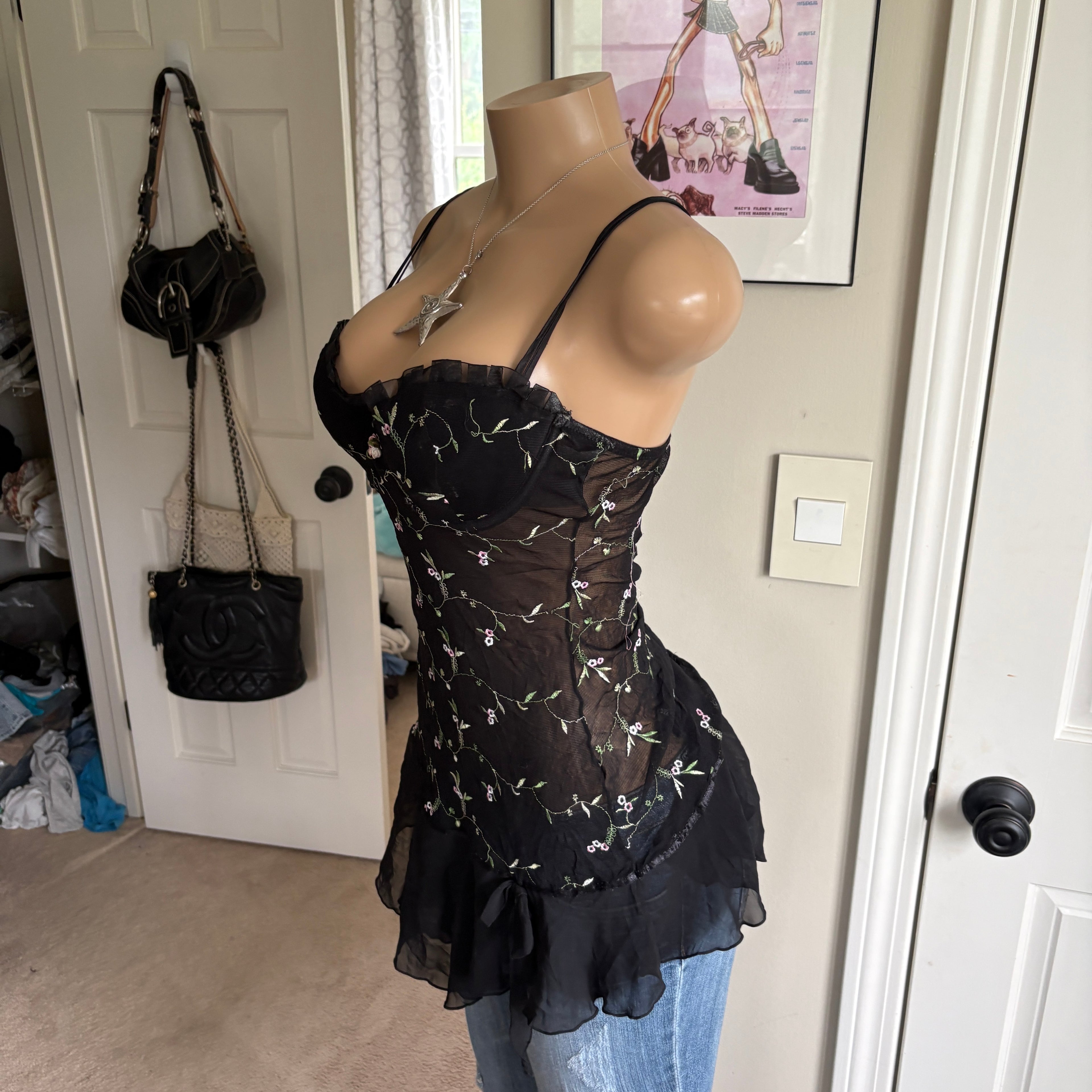 00s black floral rosette slip cami (size M)