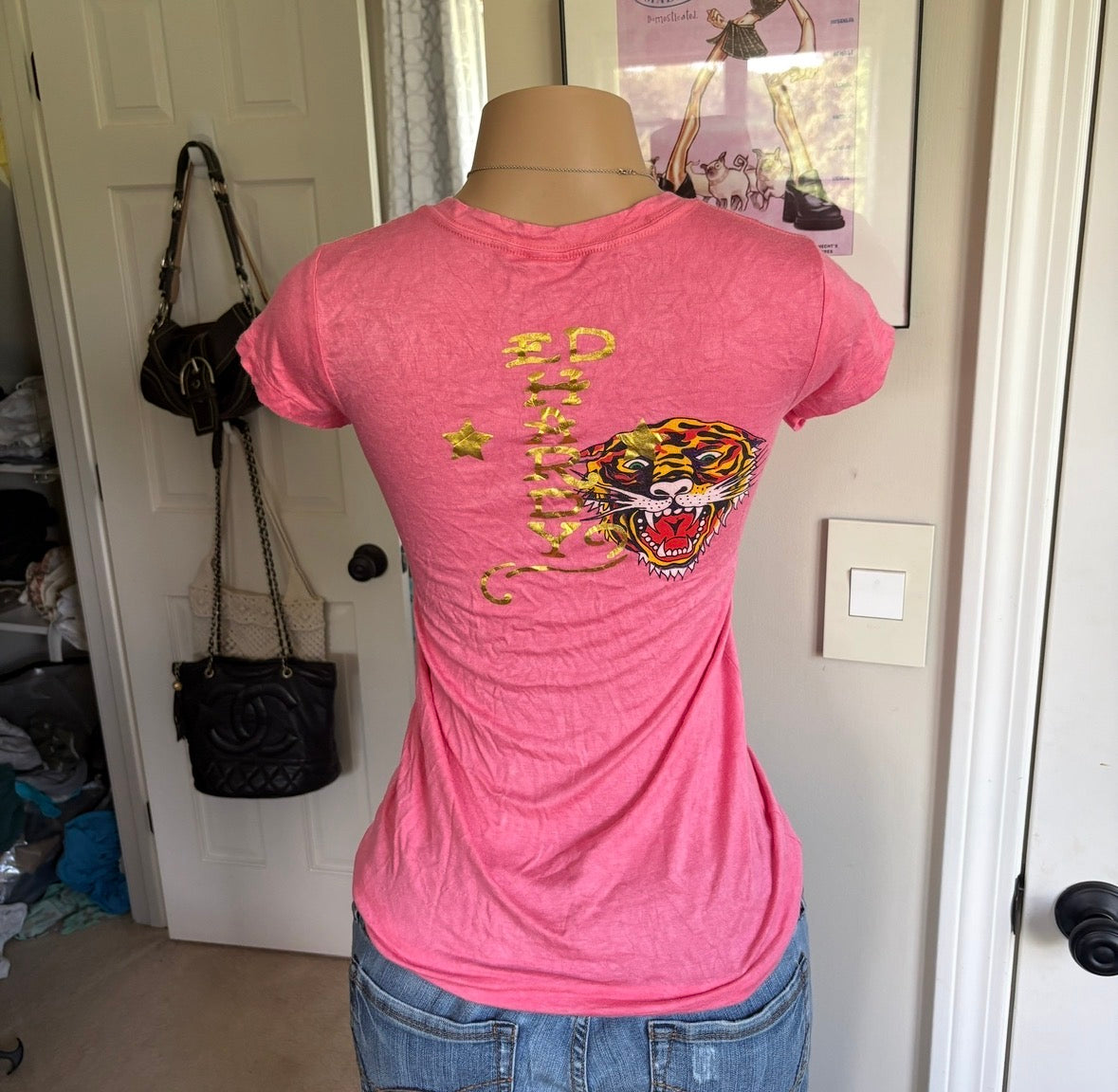 00s Ed Hardy pink rhinestone tiger top (size L)