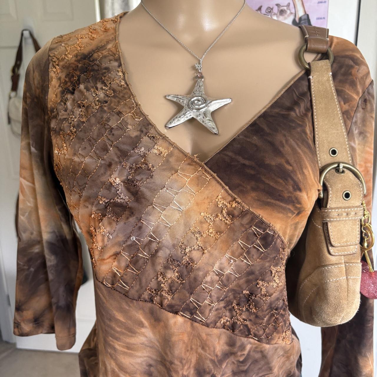 Y2K 2000s Brown Tie Dye Asymmetrical Embroidered Top