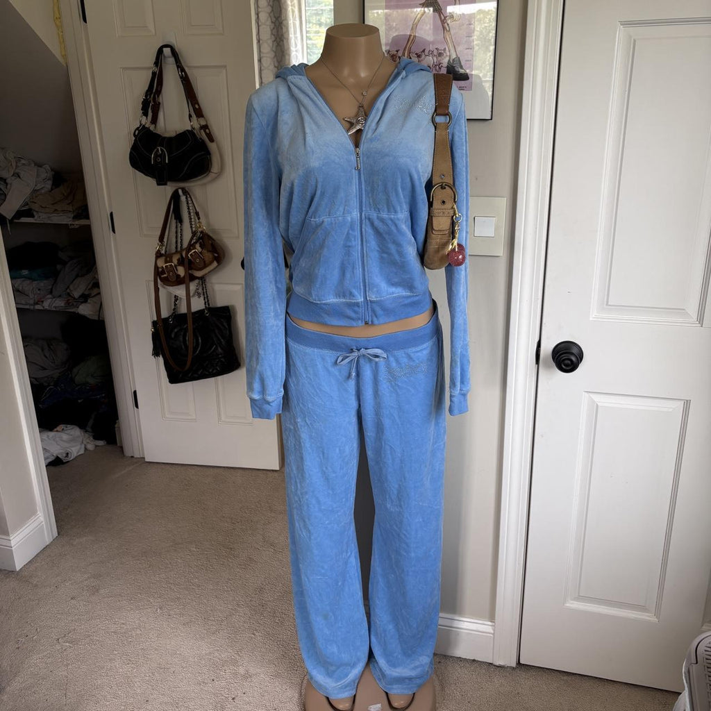 y2k vintage Juicy Couture blue velour rhinestone tracksuit set