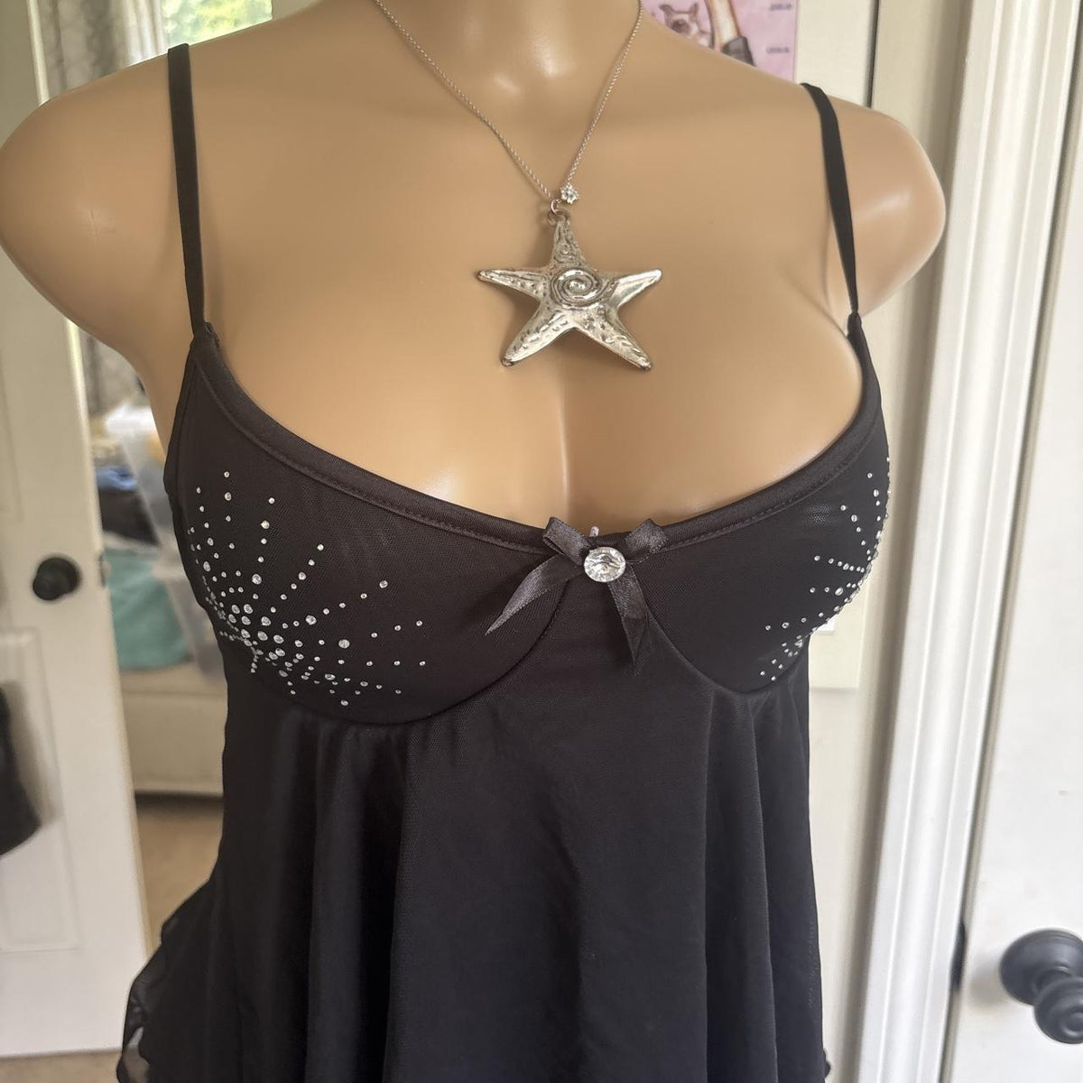 y2k 2000s black rhinestone babydoll chiffon camisole top