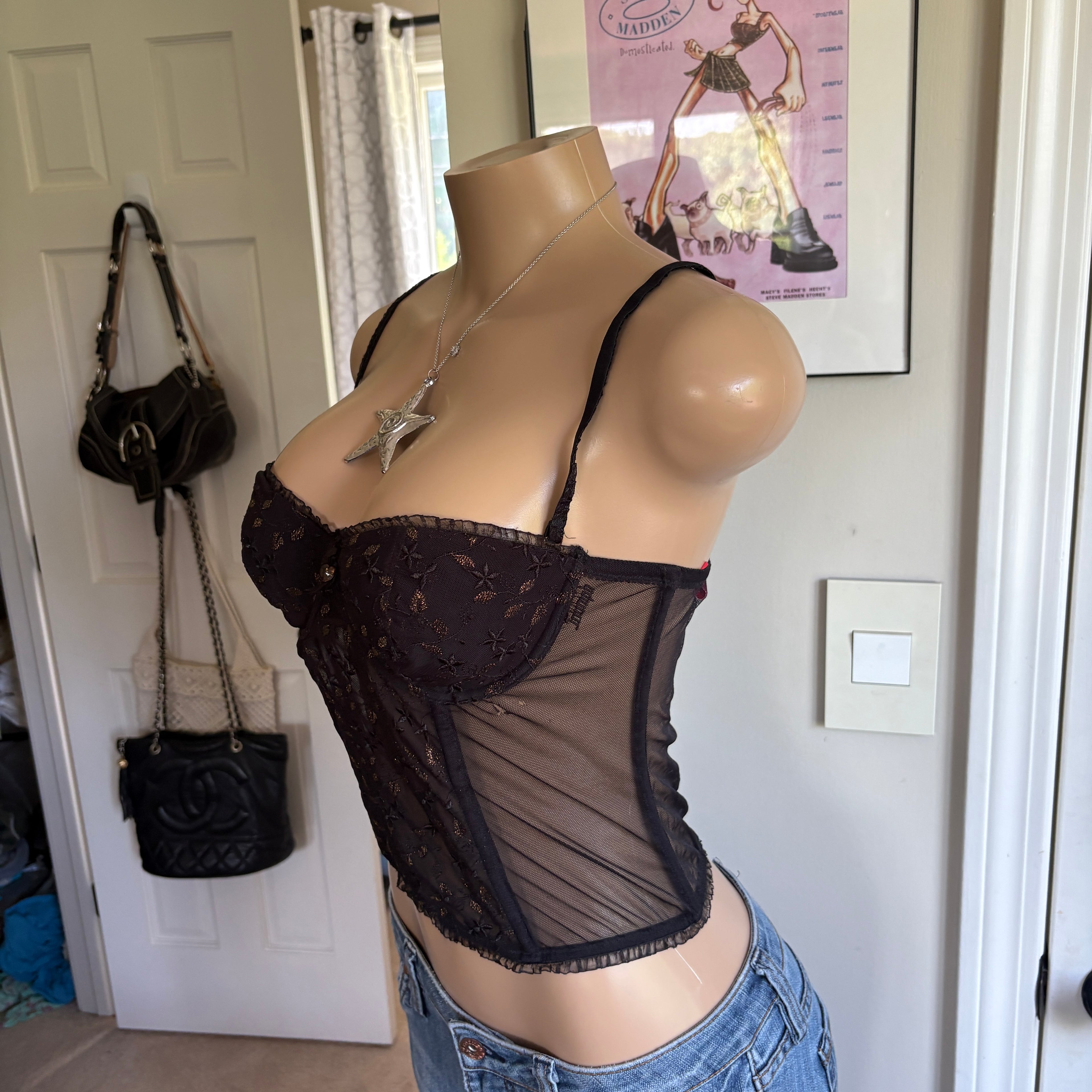 00s black floral corset bustier top (size M)