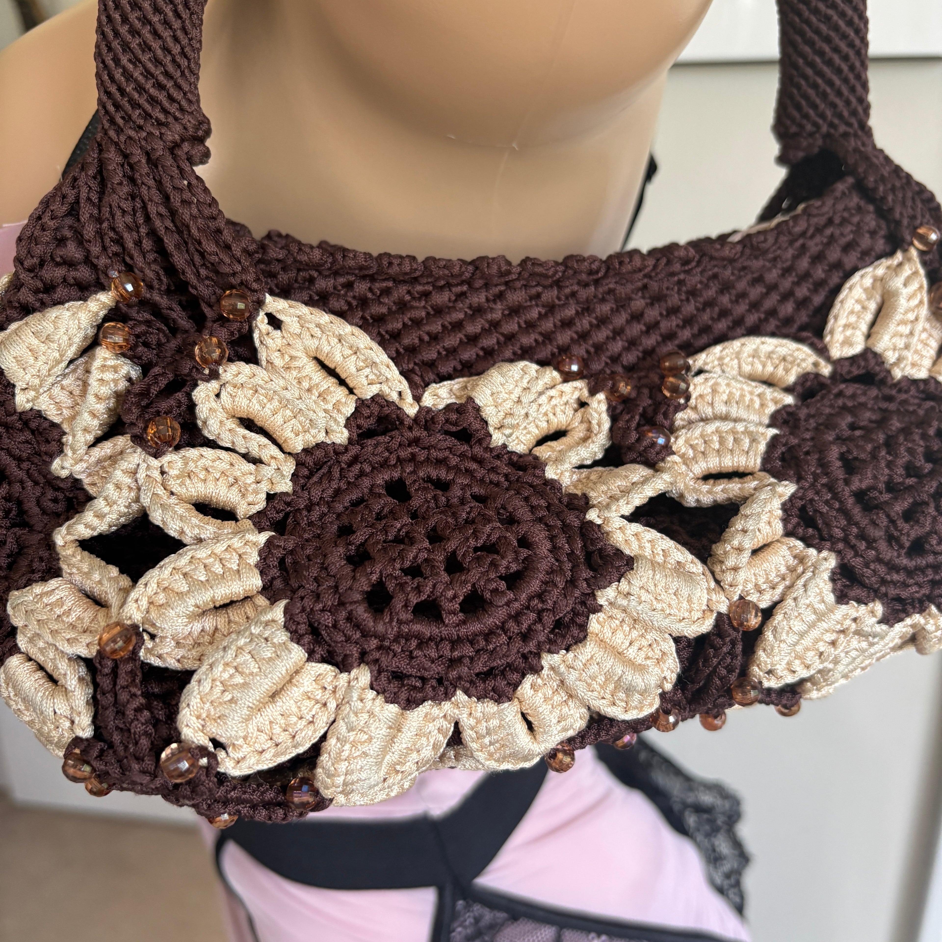 00s brown floral crochet shoulder bag