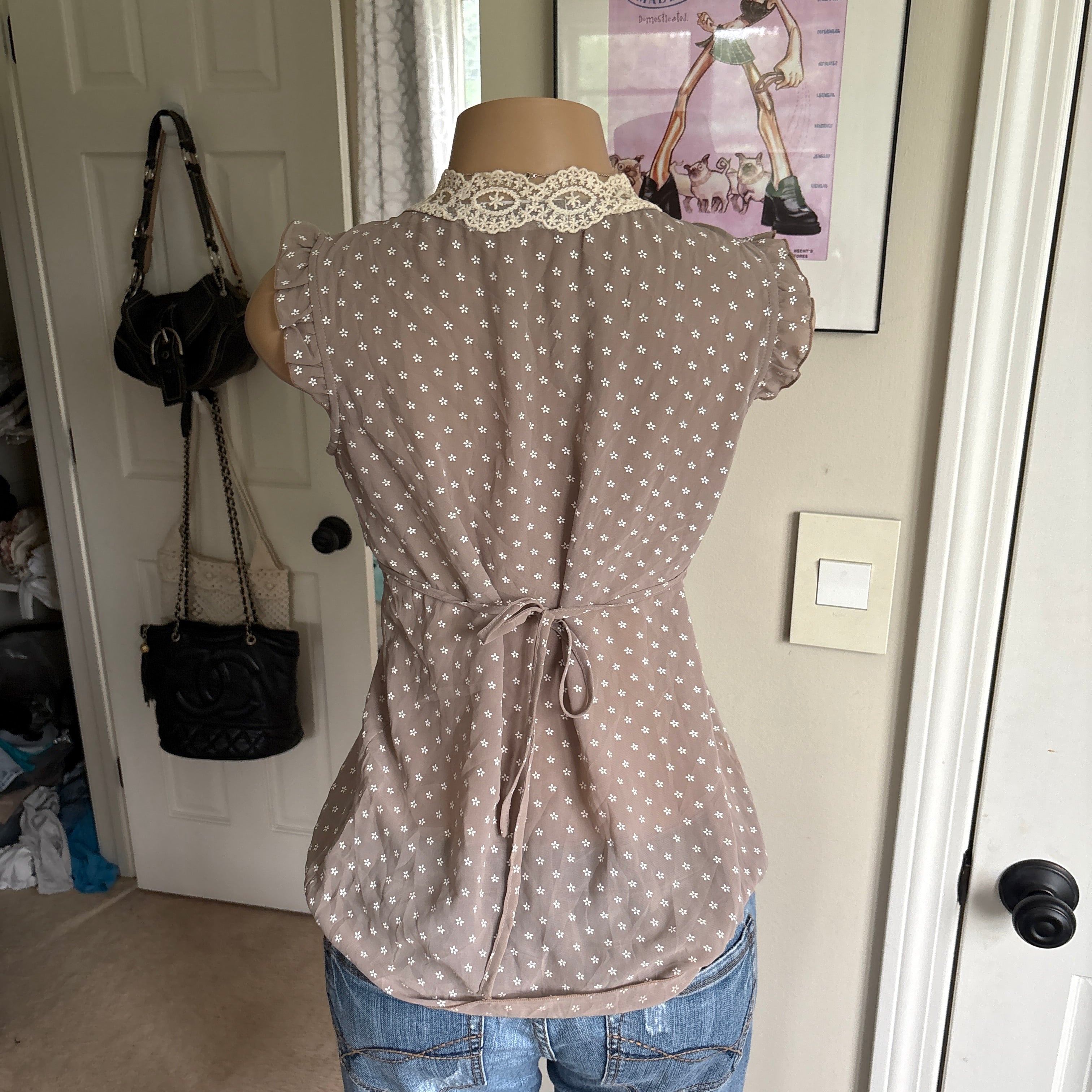 00s tan polka dot tie back babydoll top (size S/M)