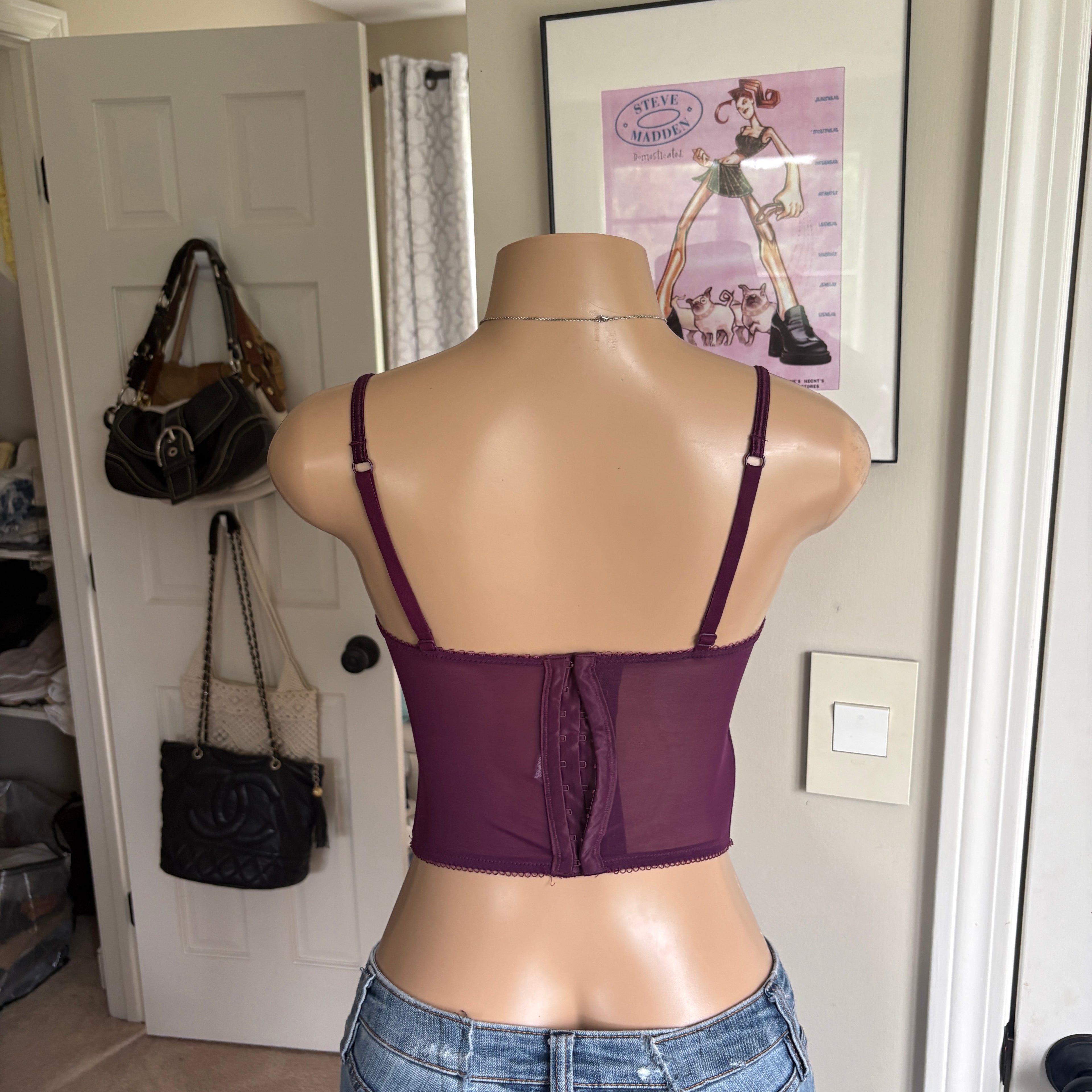 00s purple floral lace up bustier corset top (size 34A)