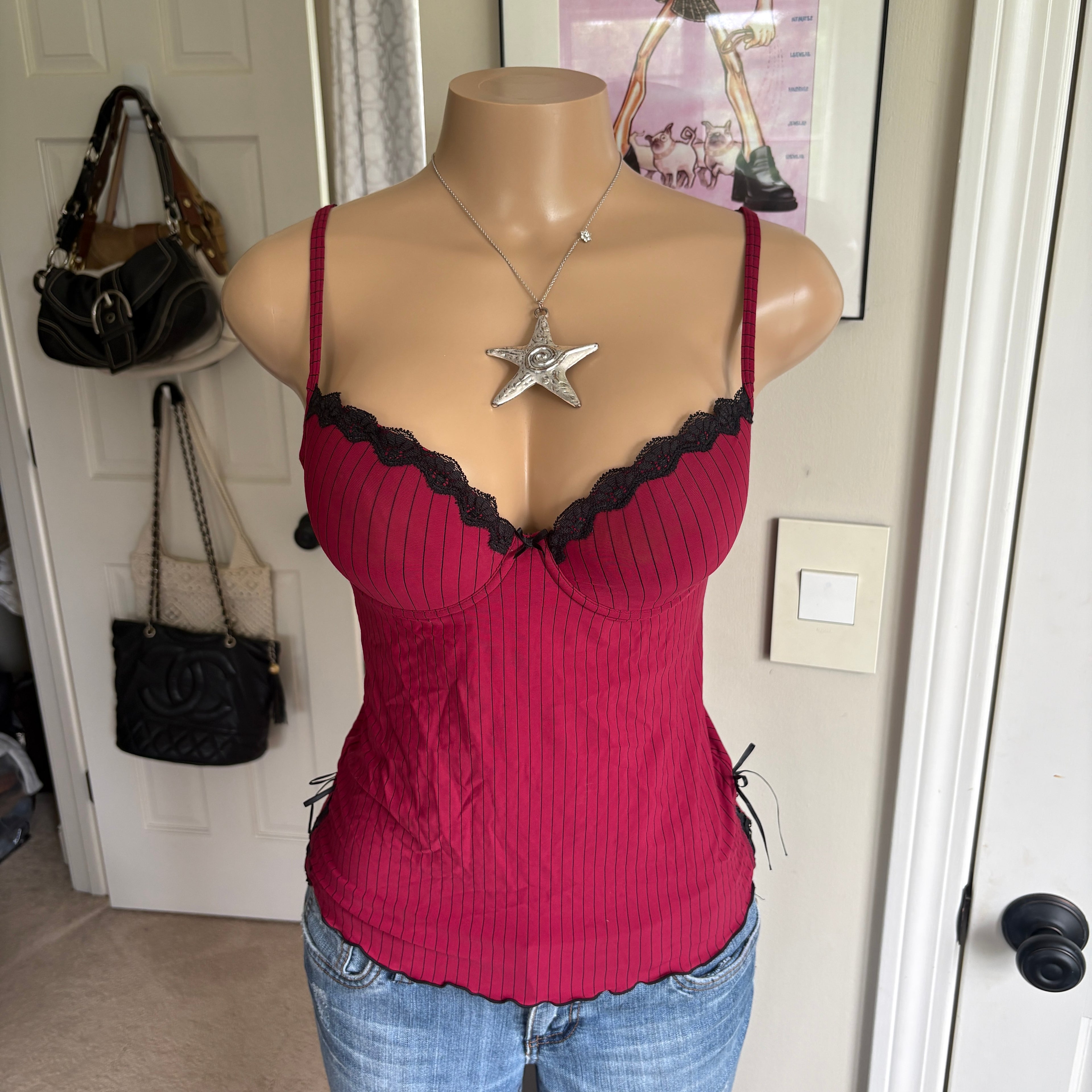 00s romantic red striped bustier cami (size M)
