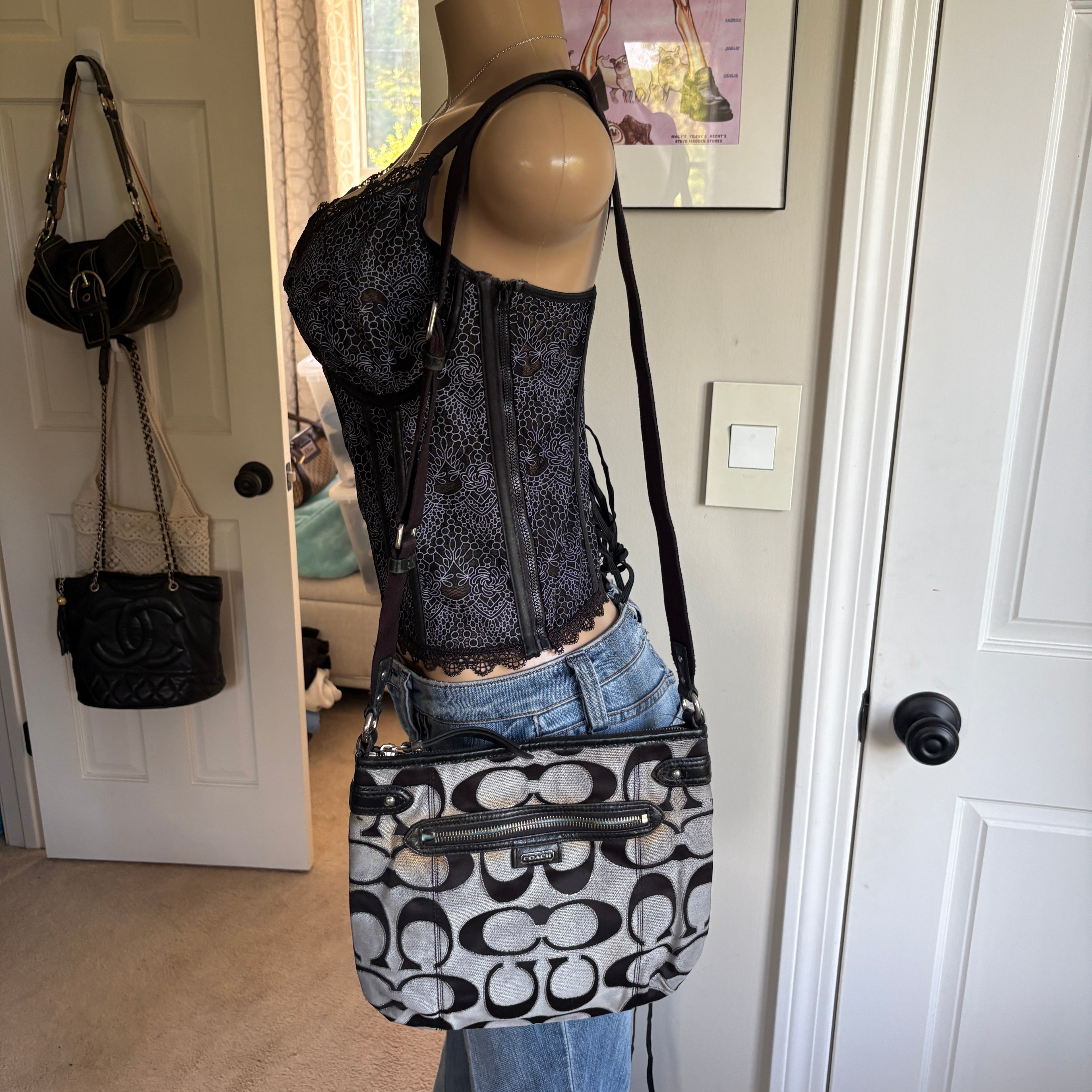00s Coach black & gray signature monogram crossbody bag