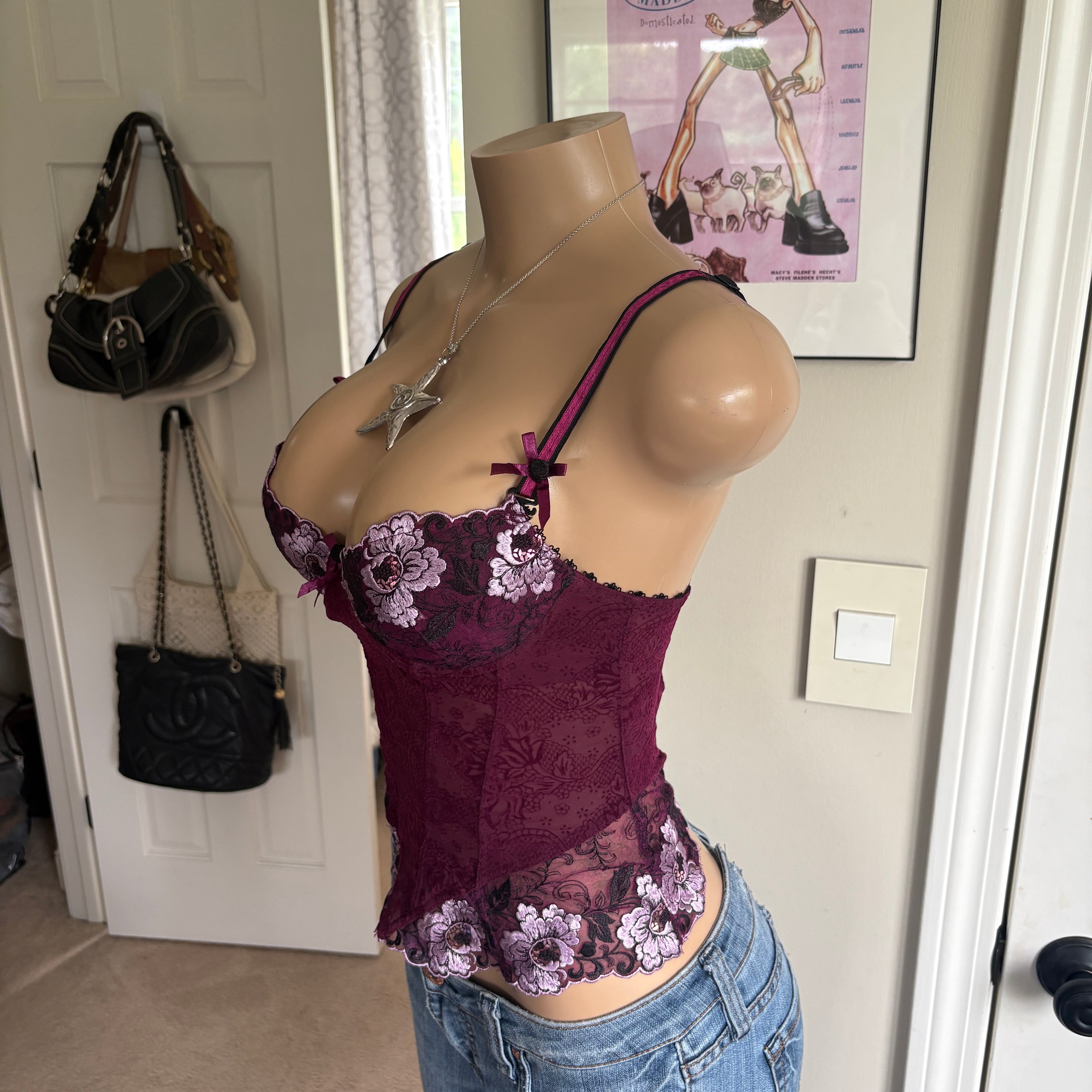 00s purple floral bustier corset top (size 32C)