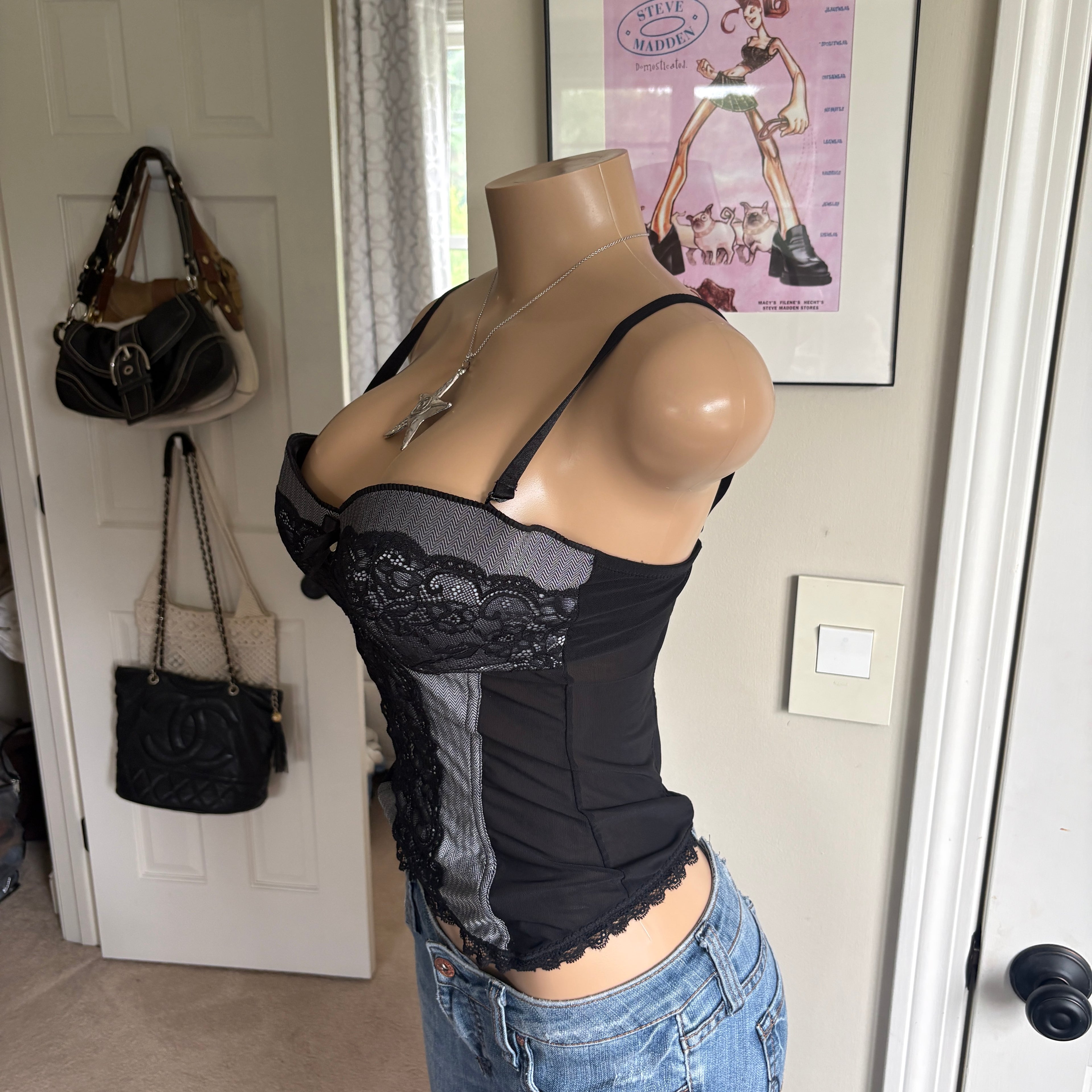 00s Censored black lace corset top (size 34C)