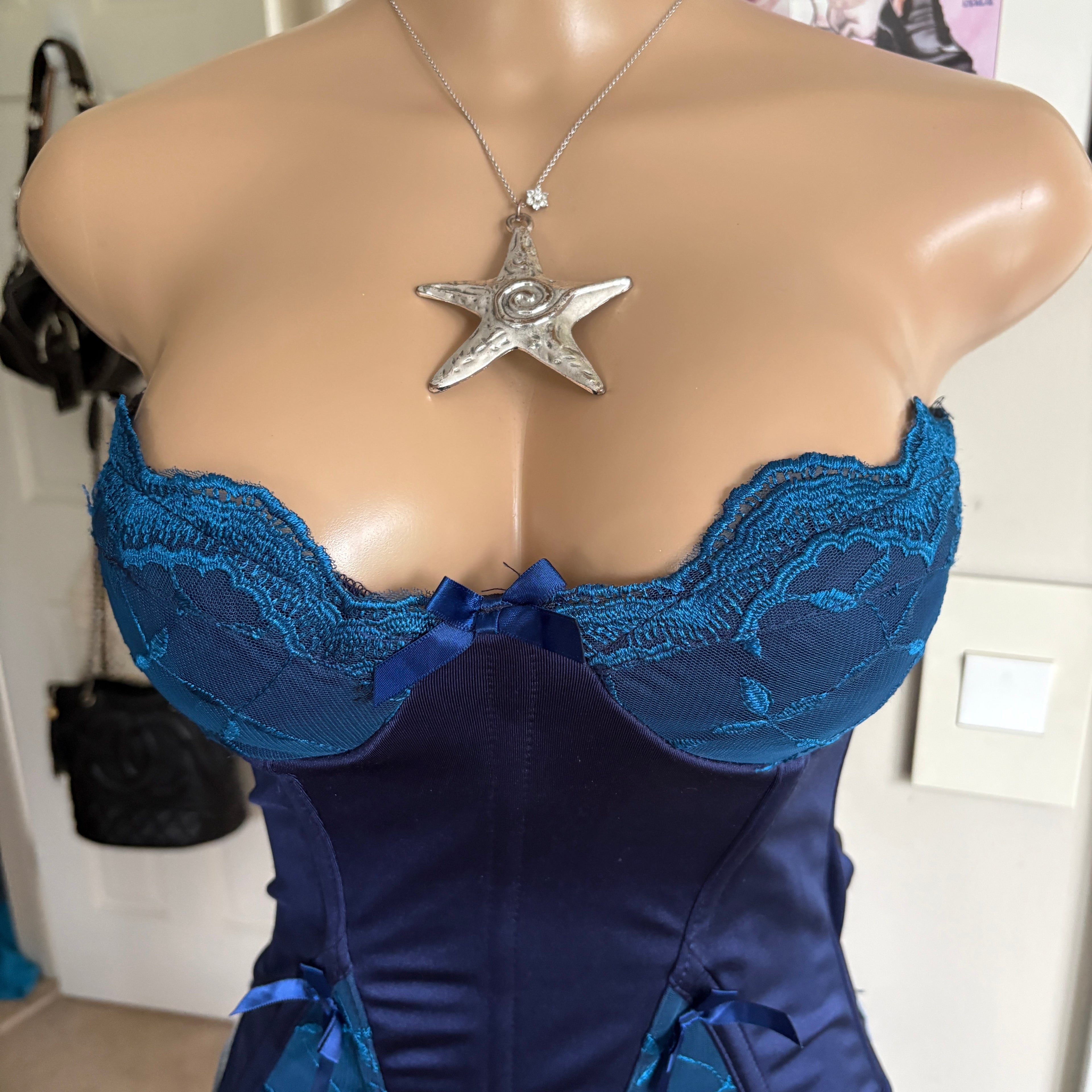 00s Coquette blue lace back bustier corset top (size M)