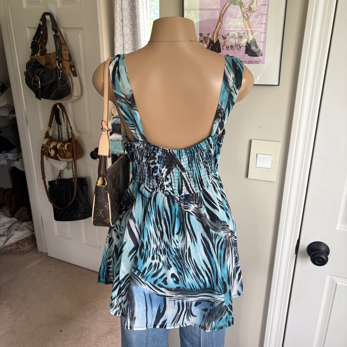 00s blue leopard print dress (size L)