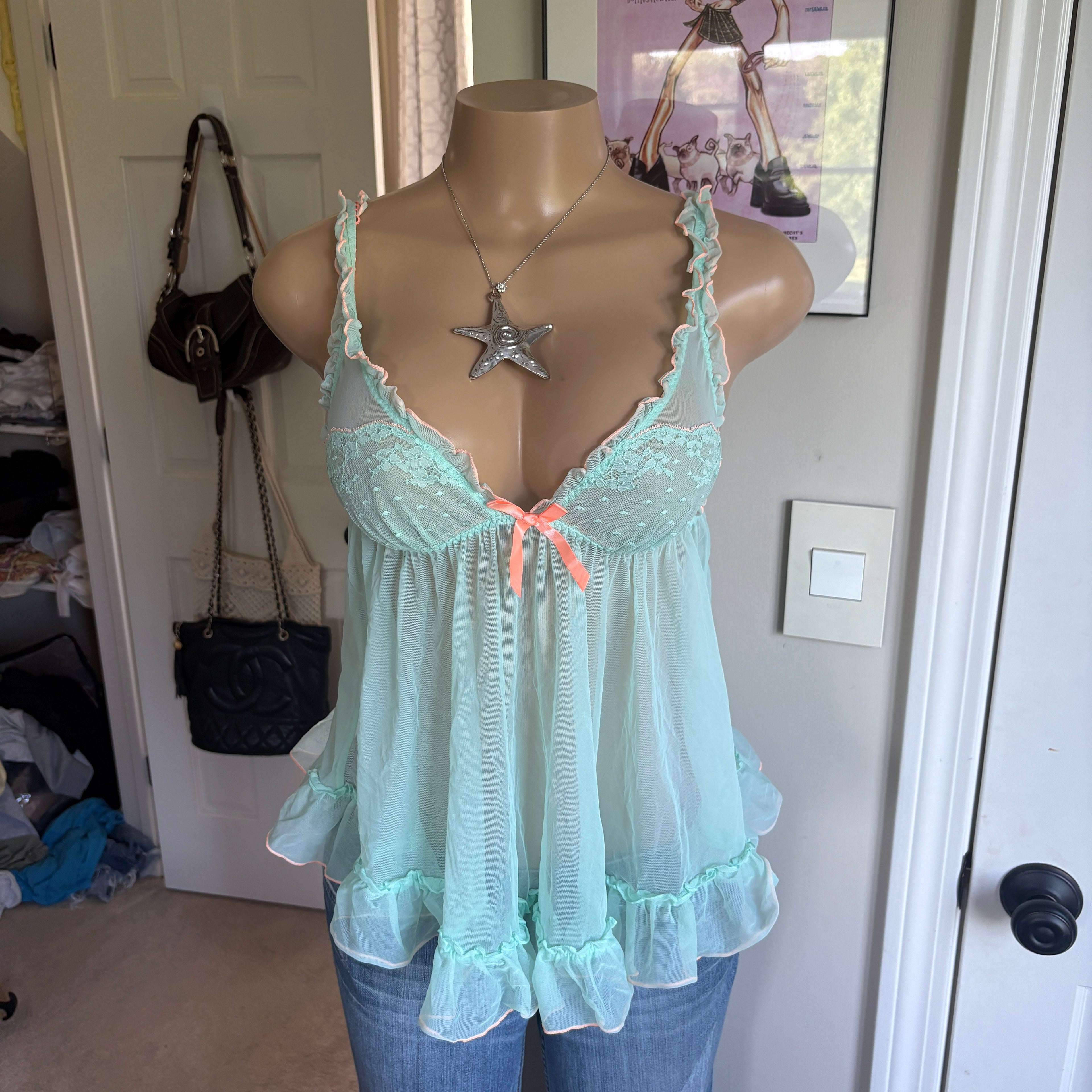 00s Victoria's Secret blue bow babydoll slip cami (size S)