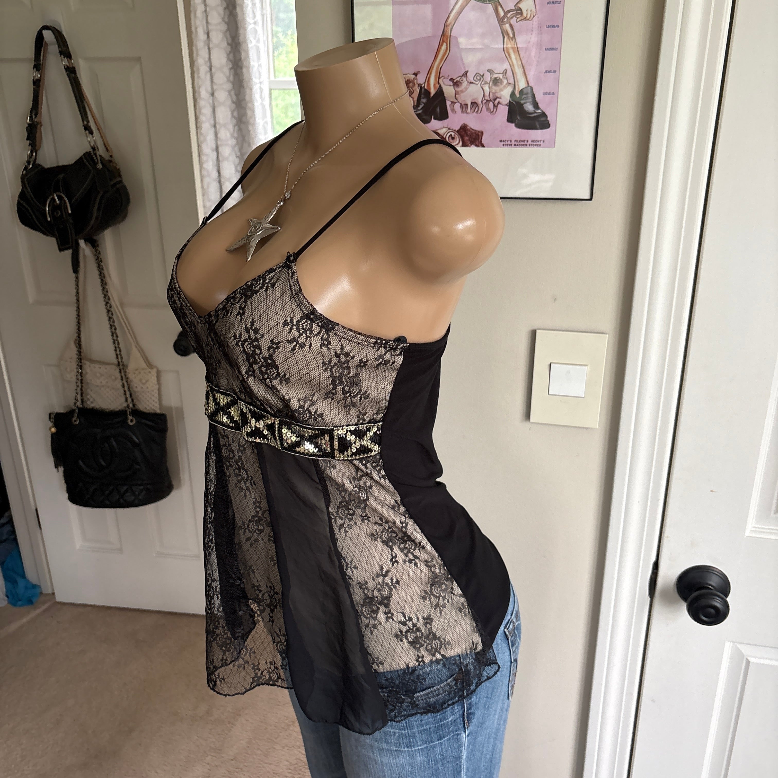 00s MKM unqiue black floral lace cami (size S)