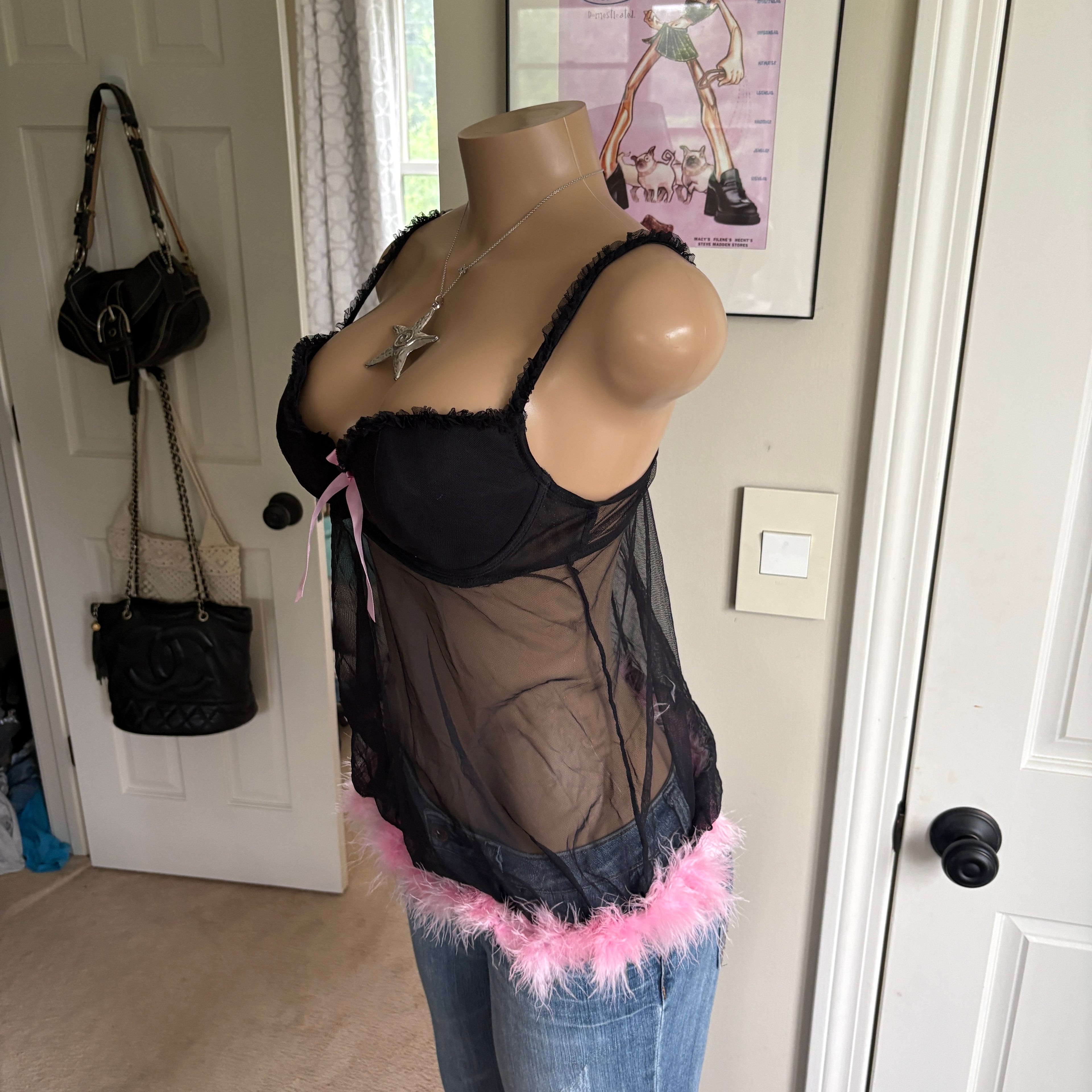00s black & pink feather bustier cami (size L)