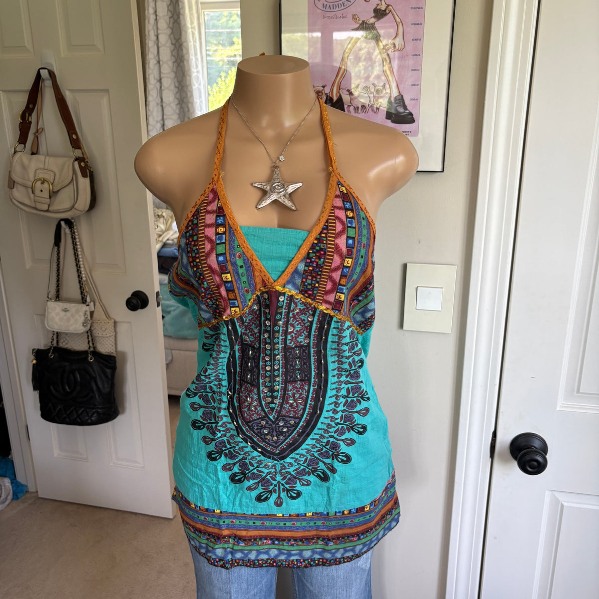 00s multi colored boho turquoise halter top (size M)