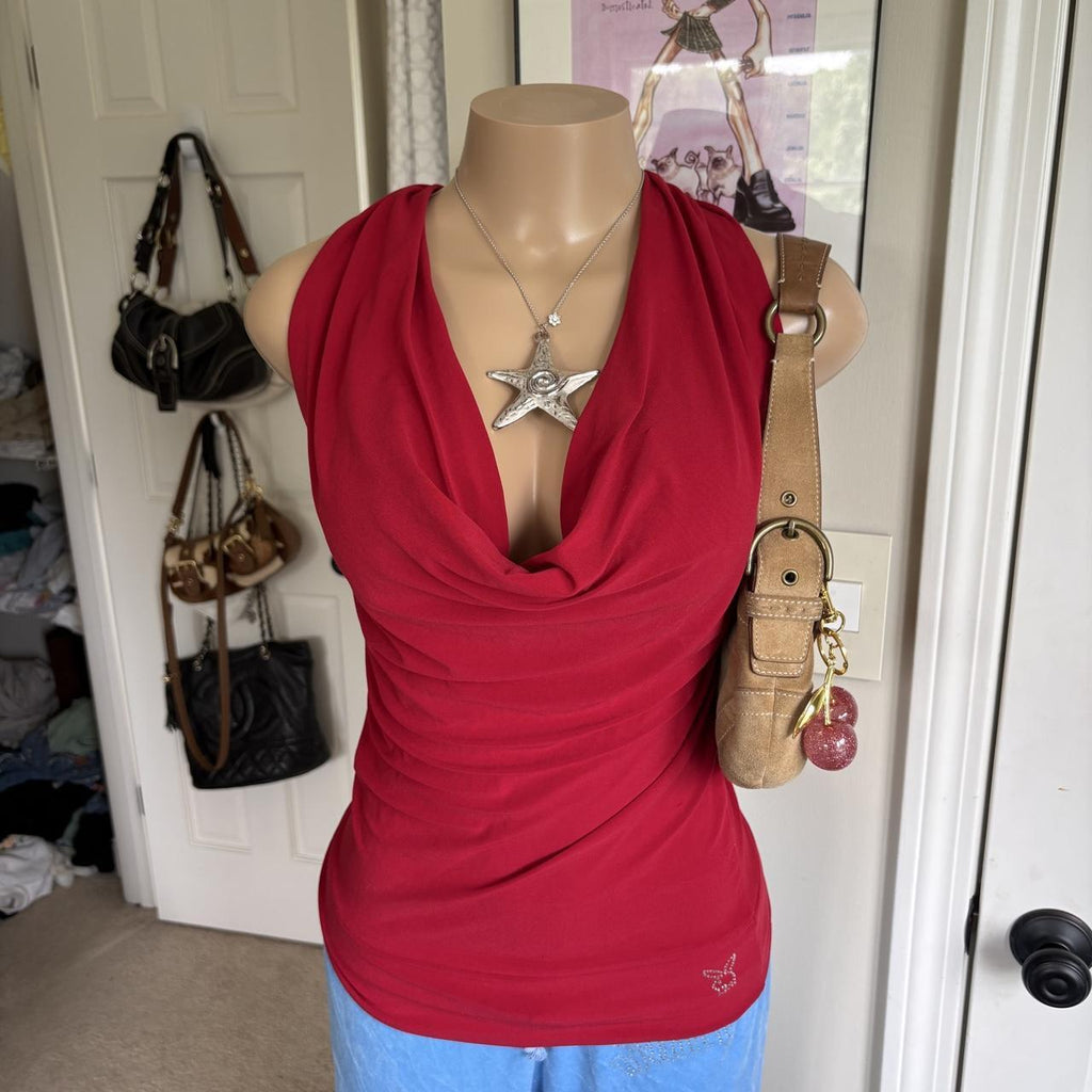 y2k vintage Playboy red draped cowl neck halter top