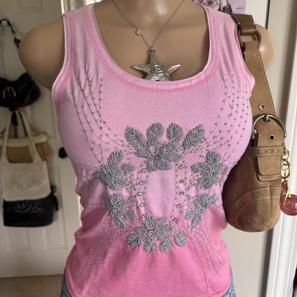 y2k 2000s mcbling pink rhinestone tank top