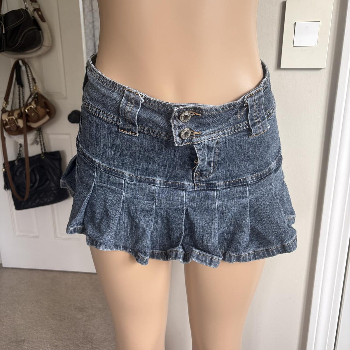 y2k 2000s low rise pleated denim micro mini skirt