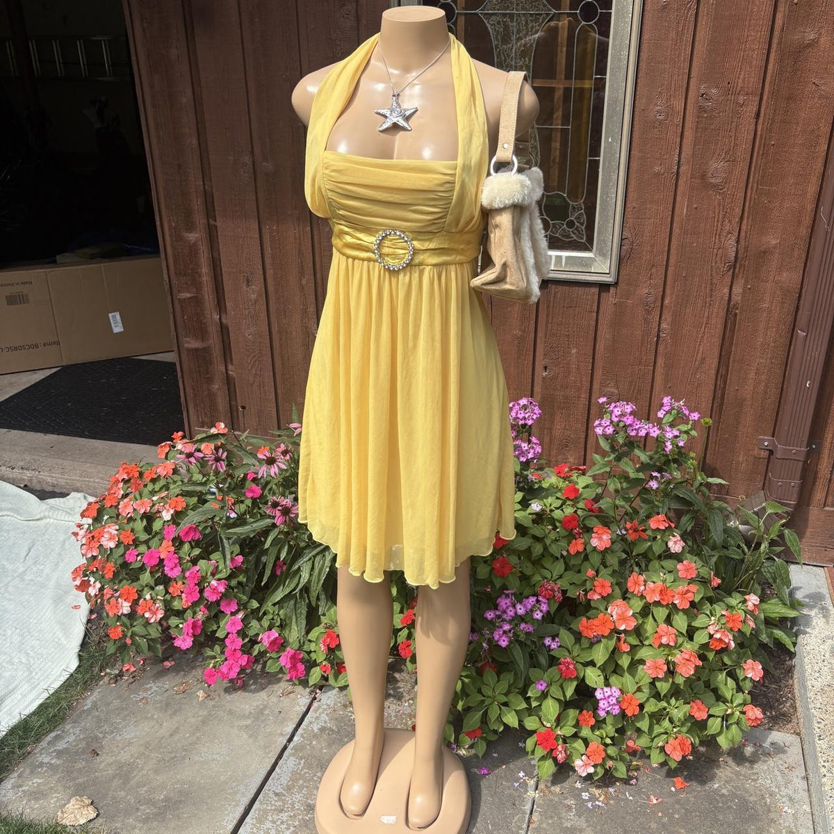 Y2K 2000s Yellow Rhinestone Buckle Halter tie back Dress