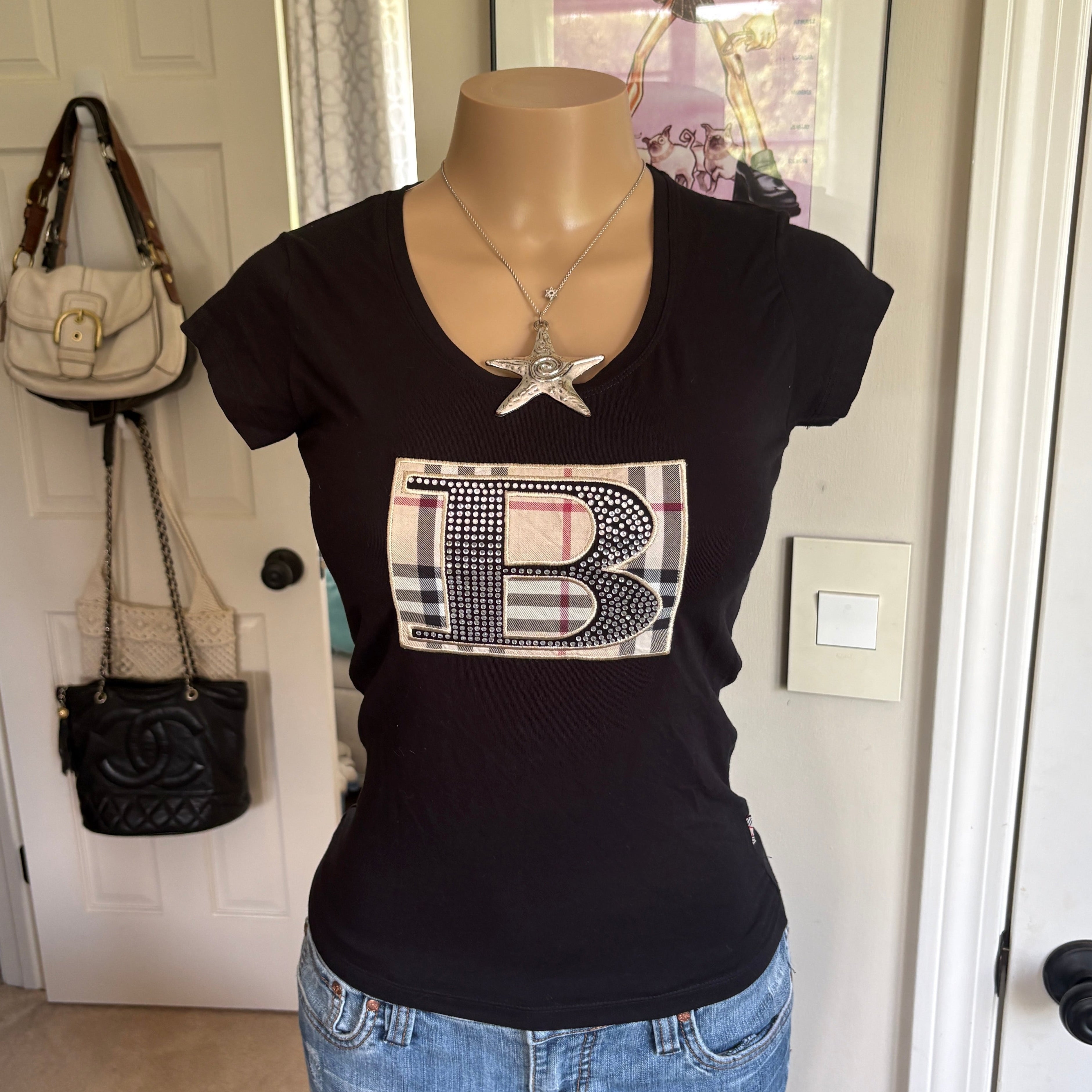 00s Burberry logo black short sleeve top (size S)
