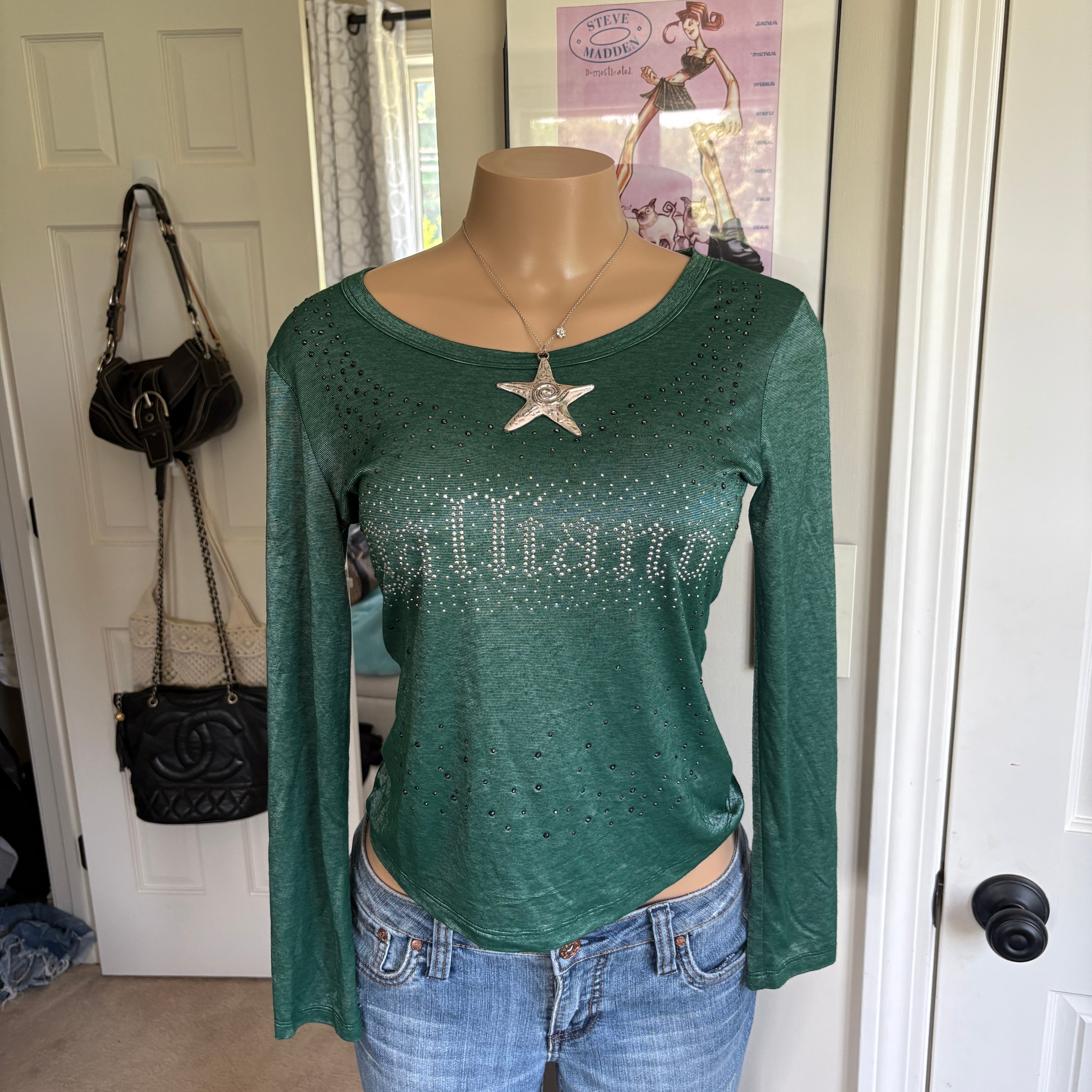 00s John Galliano green spellout long sleeve (size L)